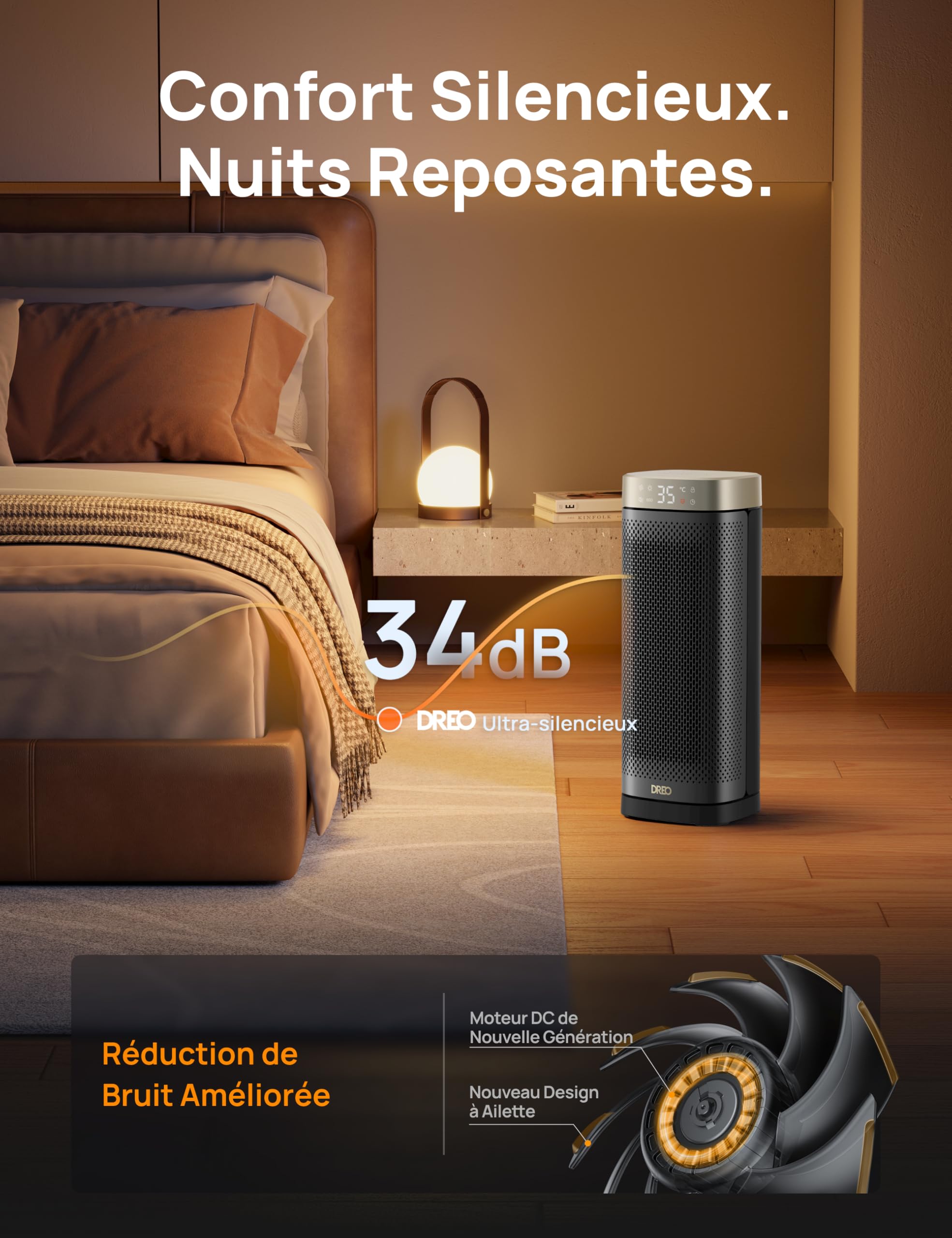DREO Chauffage soufflant céramique 2000 W économe et silencieux avec thermostat, minuterie 12 h, 3 modes, oscillation 70°, protection anti-surchauffe et anti-basculement, Solaris Slim H2, Or