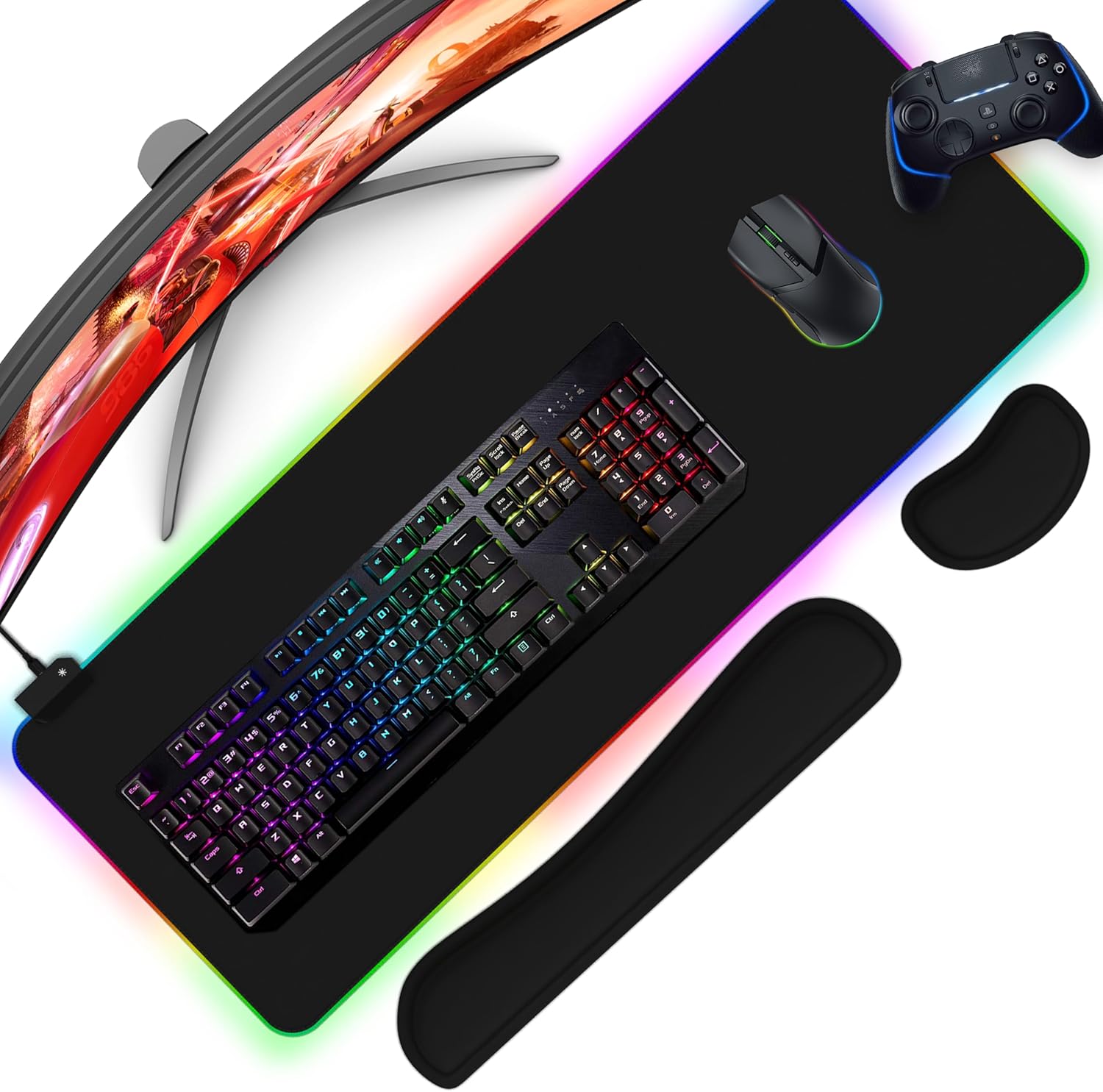 PrisTeam Gaming RGB Gaming Mouse Mat Wrist Support – 800mm x 300mm Large Mouse Pad with Breathable Keyboard and Mouse Wrist Support, Non-slip Gaming Mat, Water-Resistant