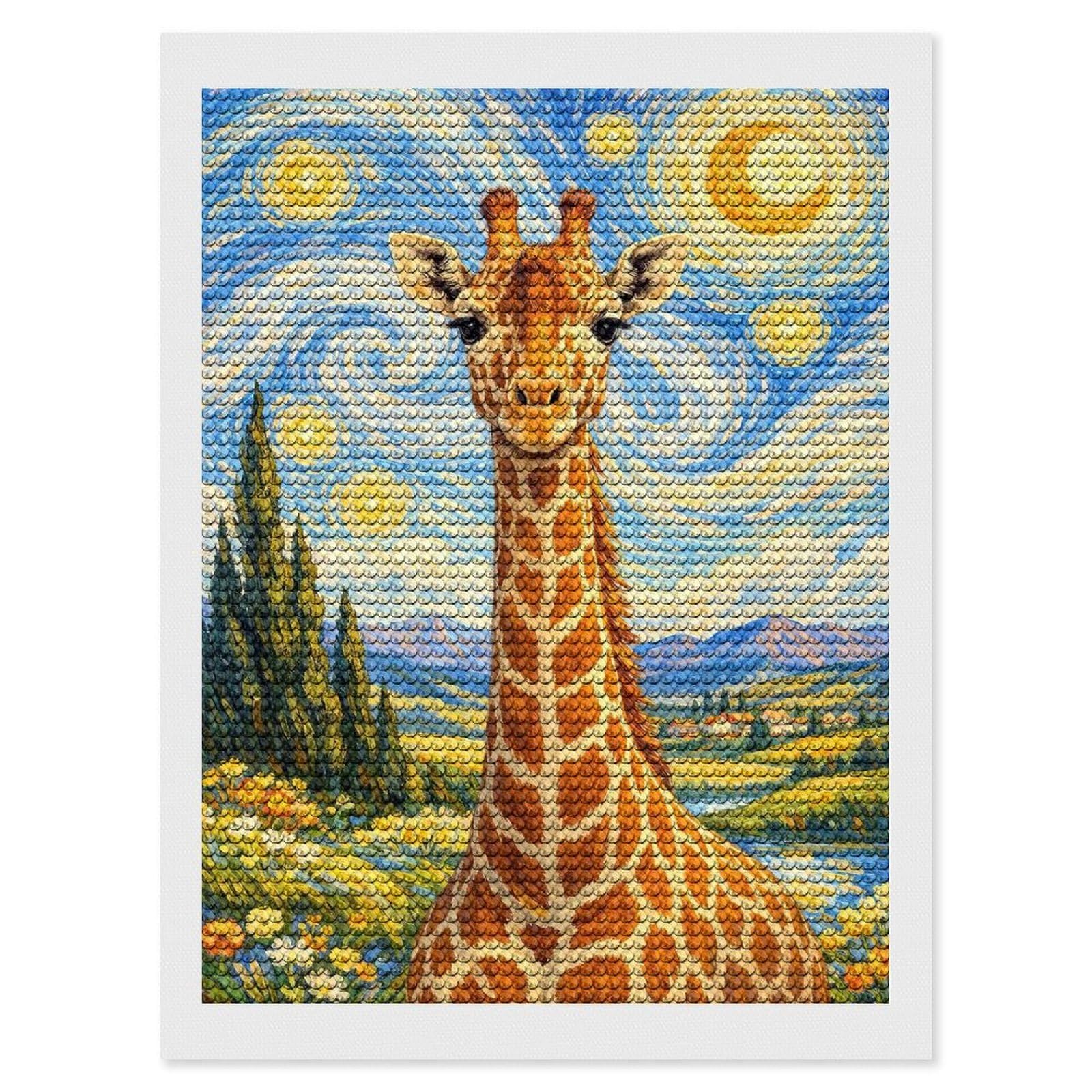 Junmoney Giraffe in Starry Night Diamond Painting Set 12"x16", Full Kit Included, Sparkling Round Gems, Farmhouse Decor, Festive Craft Gift