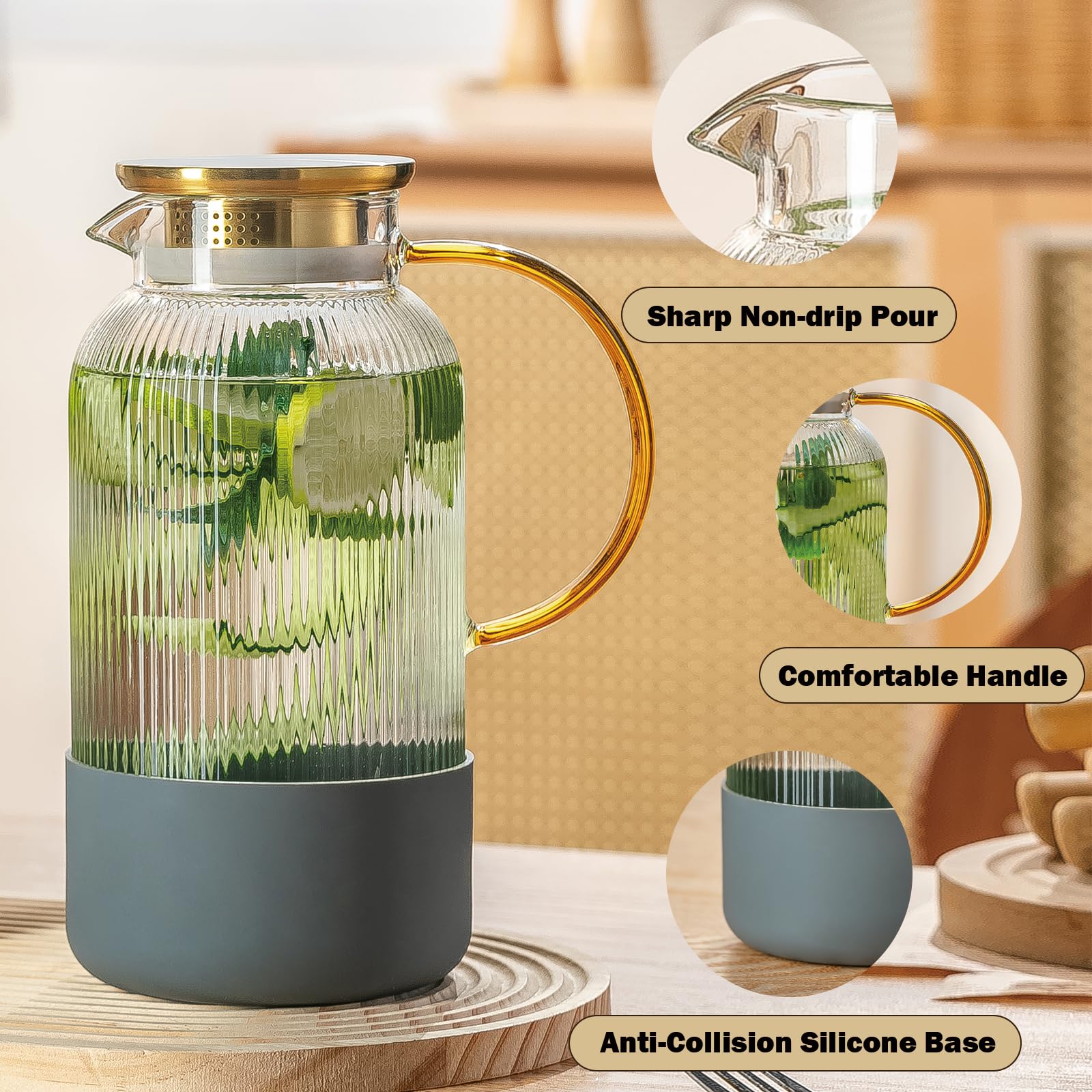 Buaic Paquete de 2 jarras de vidrio con tapa, 1,927.8 g/2 litros, jarra clásica de agua con rayas verticales con asa, jarra de agua de vidrio para infusión fría, café, limonada, té helado y bebidas