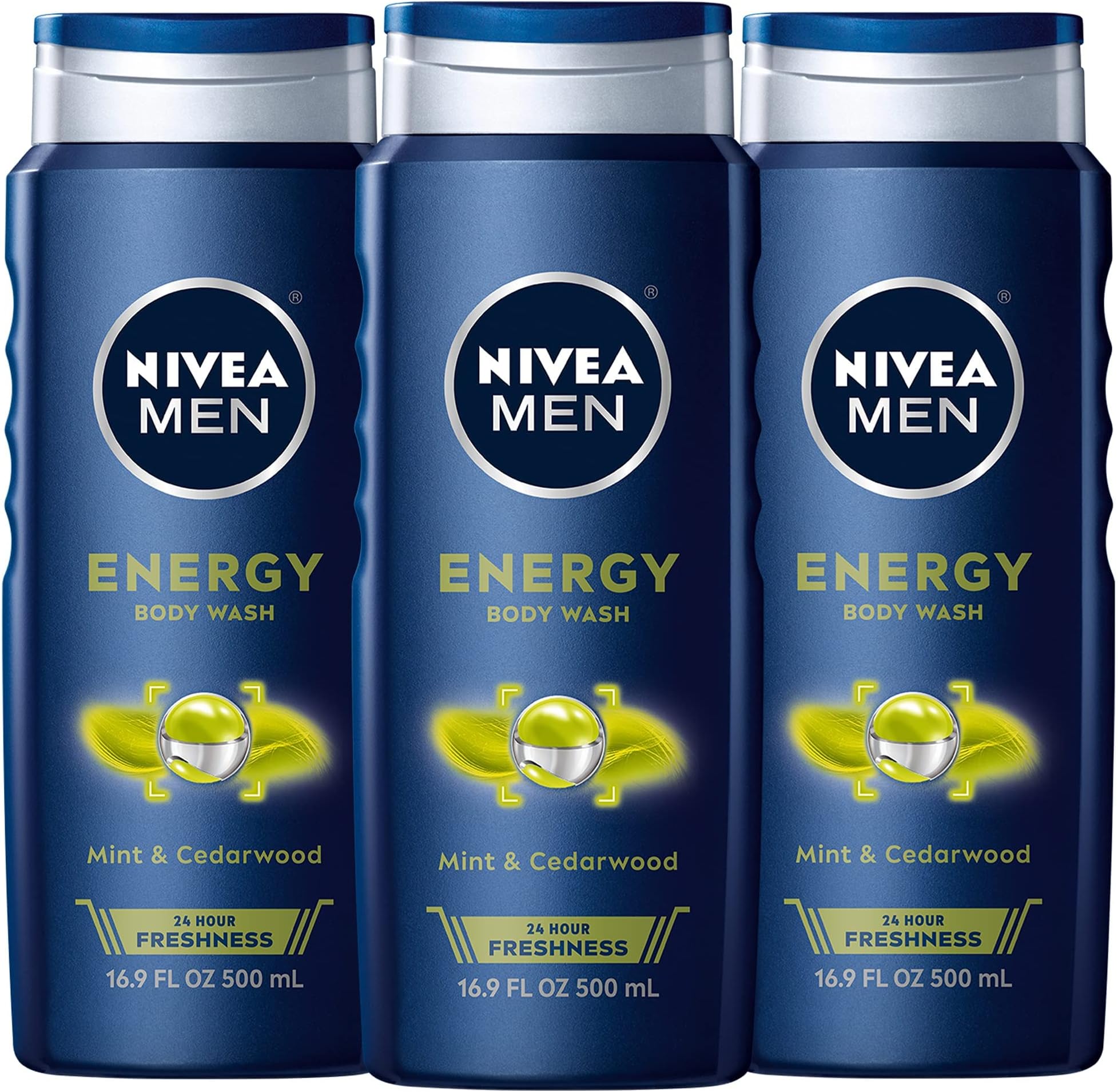 Energy Body Wash with Mint Extract, Cedarwood and Mint Scent, 3-in-1 Men's Body Wash, Face and Hair, Paraben Free, Vegan Formula, 16.9 Fl Oz Bottle, Pack of 3