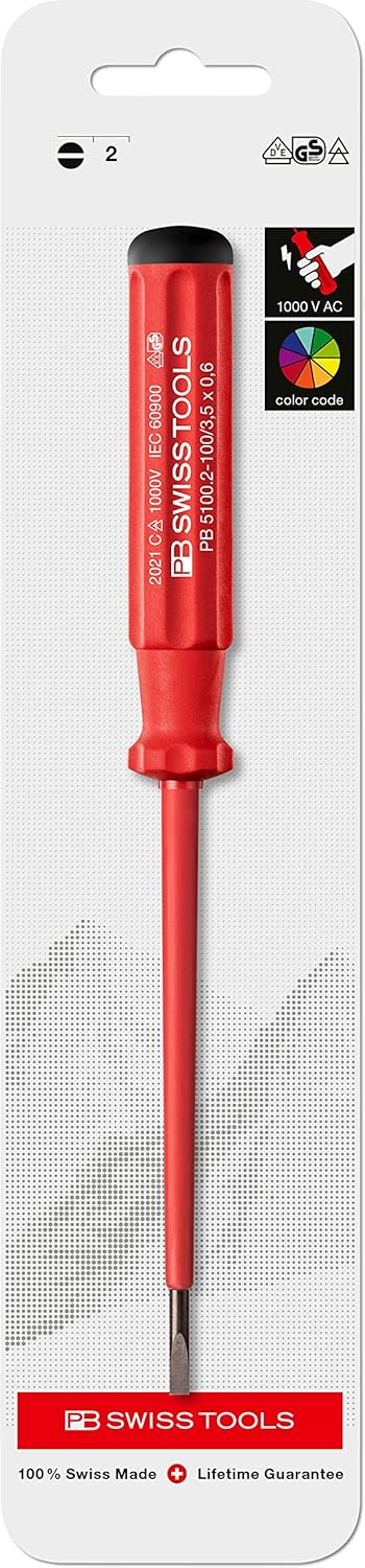 PB SWISS TOOLS insulated slotted screwdriver in its retail packaging, showing the red handle and shaft, and safety markings.