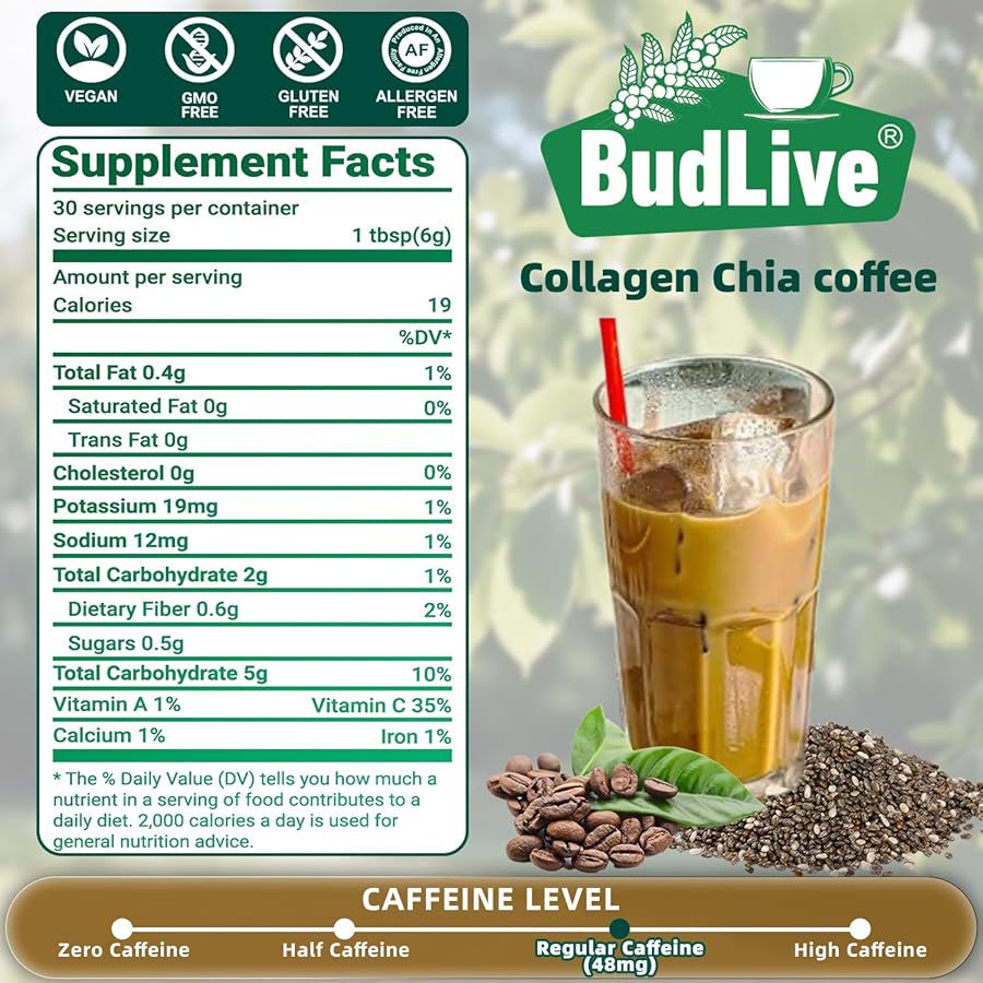BudLive 20X Collagen Chia Coffee, 11 in 1 Chia Coffee Mix with Collagen & Chia Seeds, Goji Berry, Blueberry, Strawberry, Supports Hair, Skin & Nails, Sugar Free, Vegan, Gluten-Free, 30 Servings - image 8