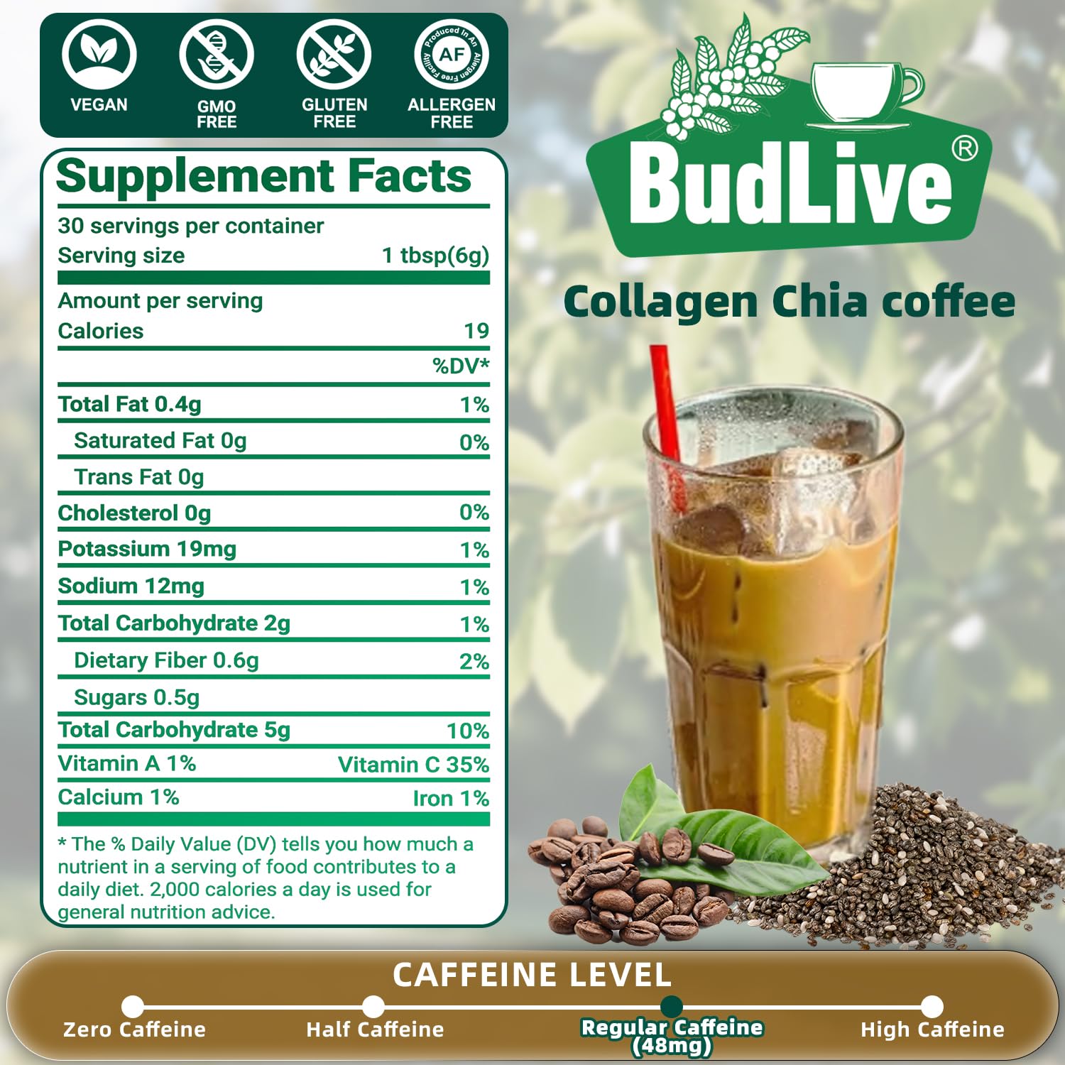 20X Collagen Chia Coffee, 11 in 1 Coffee Mix with Collagen & Chia Seeds, Goji Berry, Supports Hair, Skin & Nails, Sugar Free, Vegan, 45 Servings (9.8Ounce (Pack of 2) - Image 2