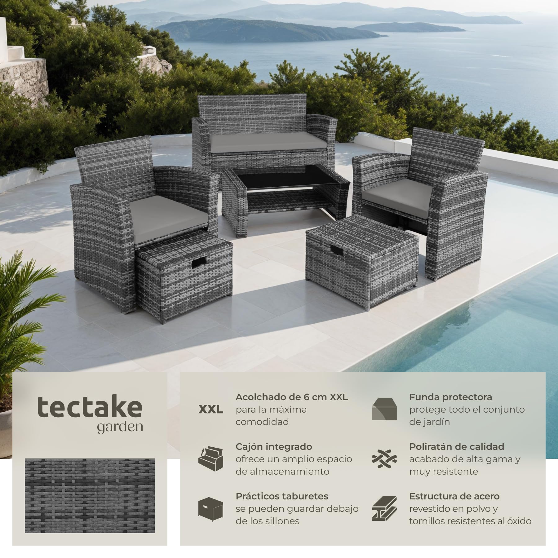 tectake® Conjunto Jardín Exterior de Ratán y Acero, Diseño Arqueado, Muebles Jardín Exterior Resistente a la Intemperie, 2 Sillones, 2 Taburetes, 1 Mesa con Cristal, con Cojines y Funda - Gris