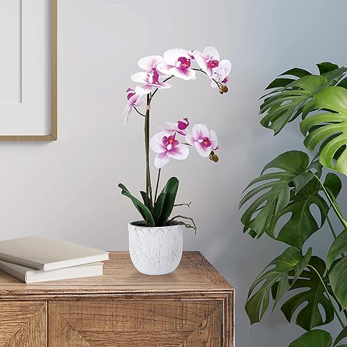 Miniatura 9 de Mikasa Orquídea artificial en maceta, orquídea Phalaenopsis de tacto real, maceta de cemento de hojas en relieve, rama doble de 22 pulgadas,