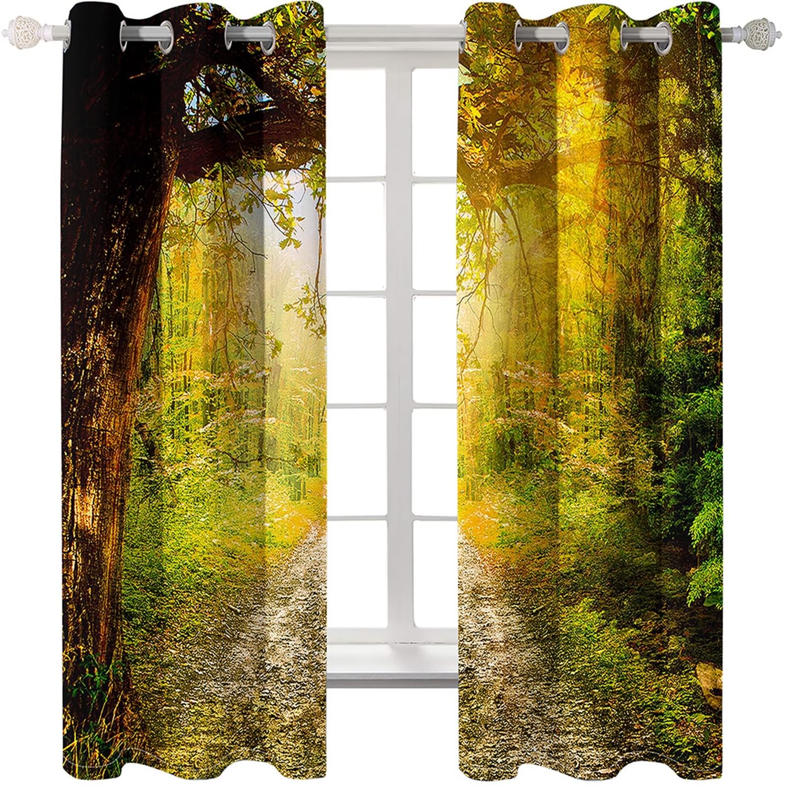Zasłony nieprzejrzyste, zestaw 2 sztuk, zasłony termiczne, leśna ścieżka, krajobraz, wys. 160 x szer. 102 cm, zaciemniające, do salonu