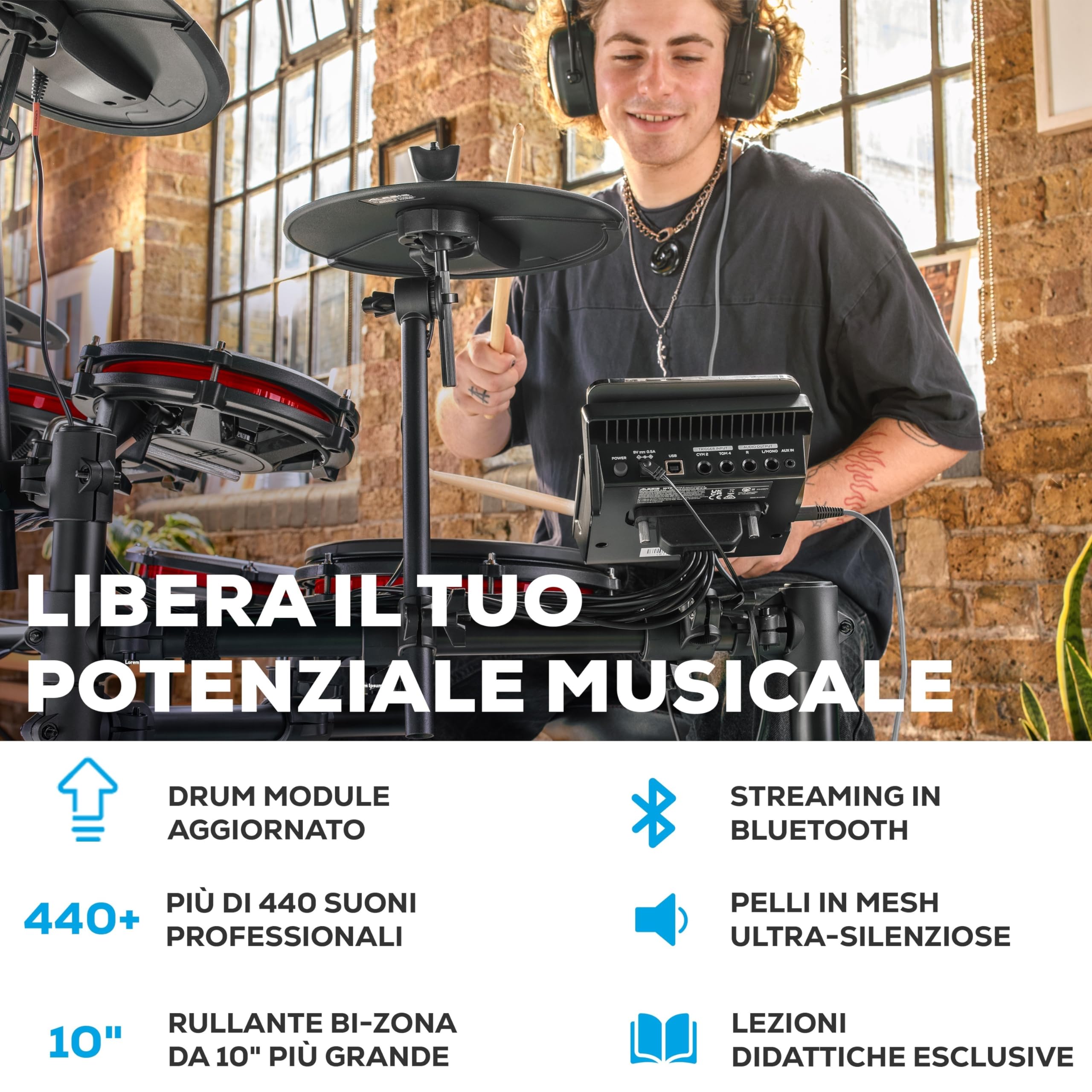 Alesis Nitro Max Batteria Elettronica a 10 pezzi con Pelli Mesh Silenziose, Rullante a Doppia Zona da 10", Bluetooth, 440+ Suoni Autentici, Drumeo, USB Midi, Pedale Grancassa, Sgabello e Cuffie