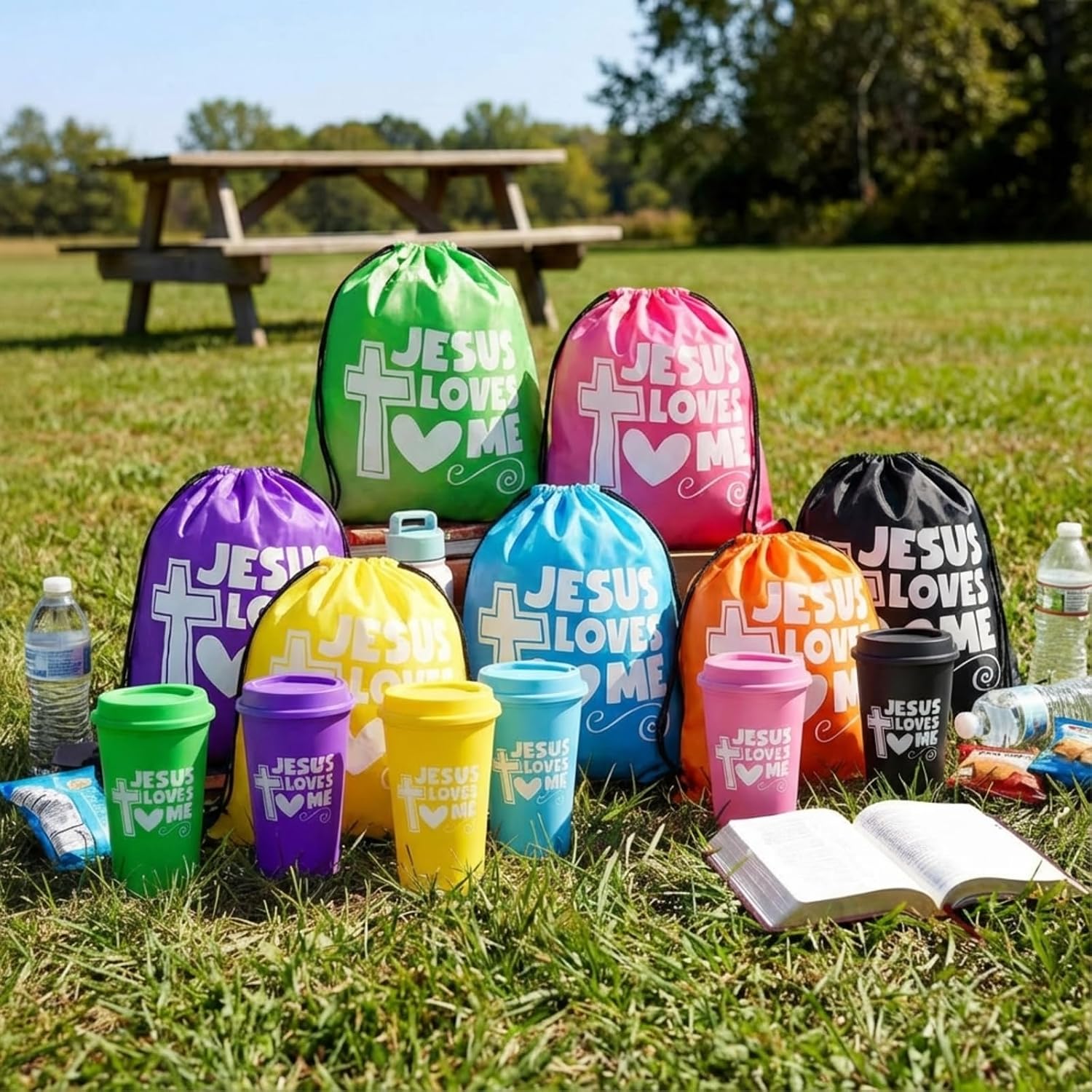 20 Pcs Christian Gift Bulk Jesus Loves Me Drawstring Backpack and 16oz Coffee Cup Bible Verse Party Favors Religious Cross Blessings Gift for Back to School Bible School Church Gathering