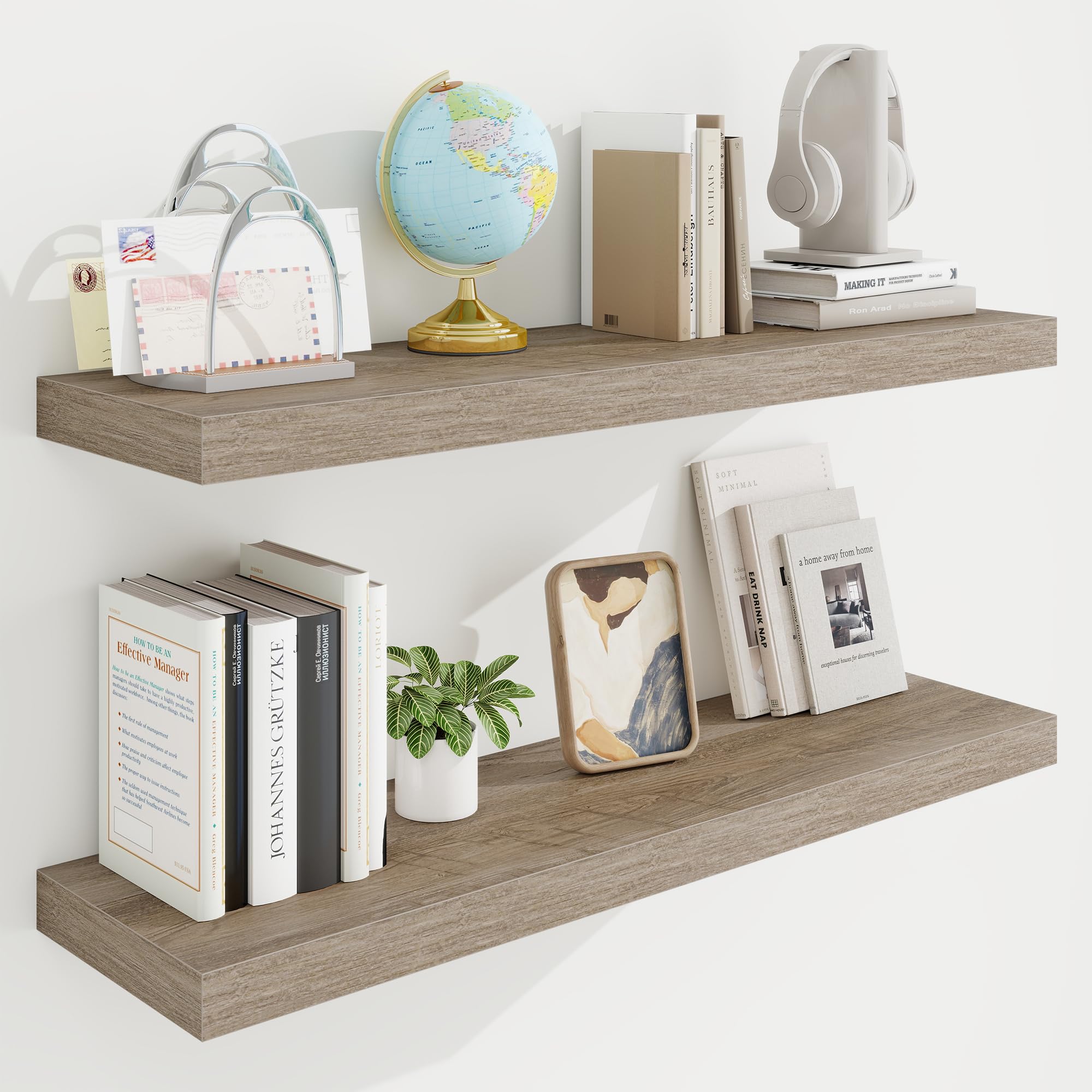 Acovy 90cm Floating Shelves, 23.5cm Deep Floating Shelf Wall Mounted, 90cm Wall Shelves, Rustic Deep Bookshelf, Large Display Shelves & Storage Shelves for Bedroom, Living Room, Grey, Set of 2