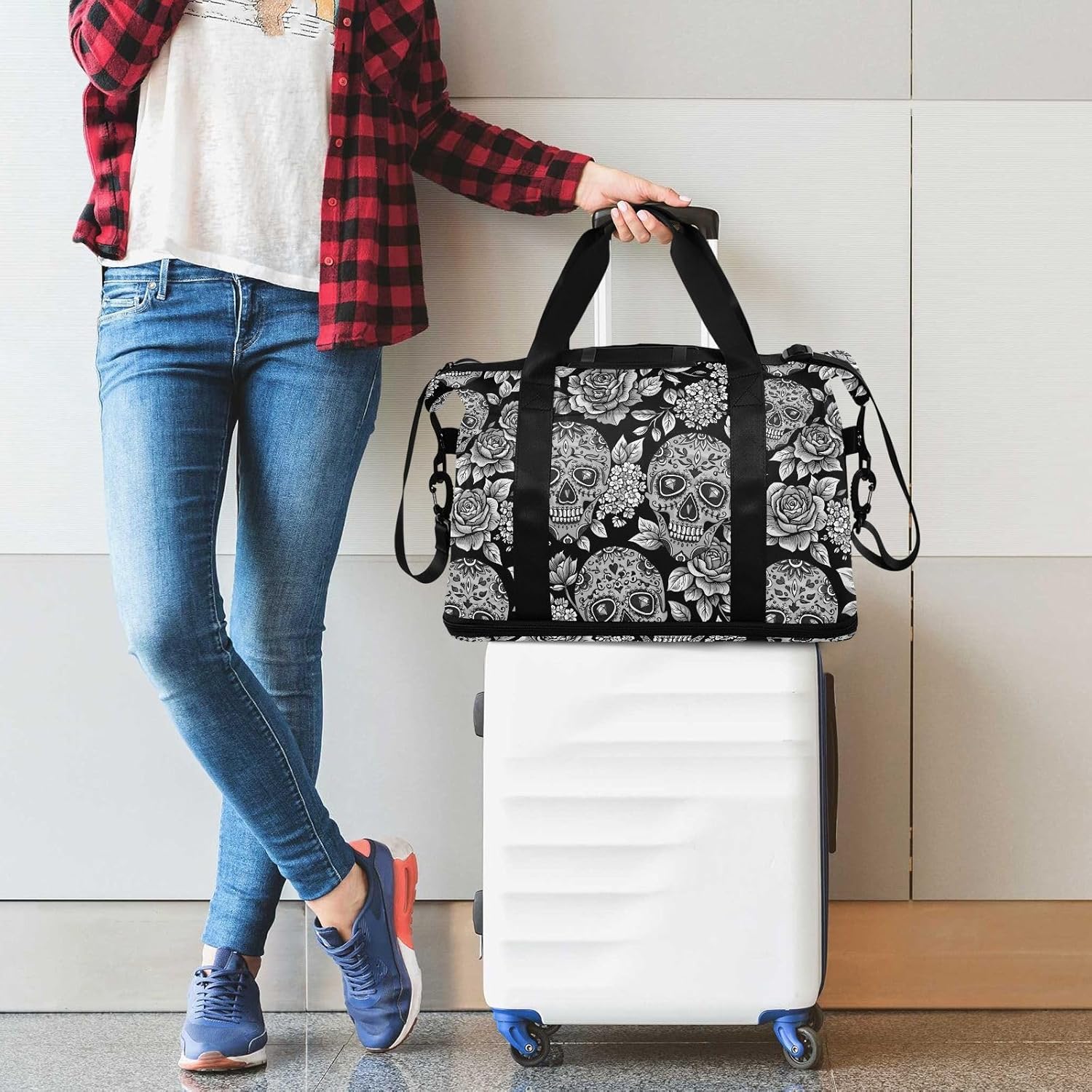 Skull Weekender for Women, Gym Sports Duffle With Flowers, Travel Tote With Toiletry Bag, Shoes Compartment, Dry/Wet Separation Swim Bag