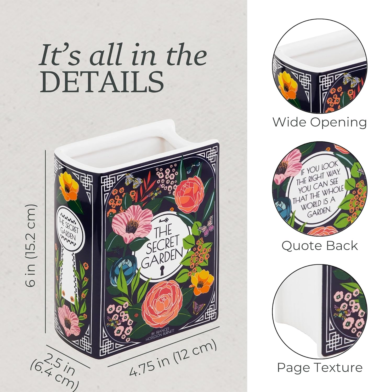 Steel Mill & Co Original Book-Shaped Decorative Vase, Ceramic Vases for Home Decor, Cute Bookshelf Decor, Unique Vase for Book Lovers (Small - Secret Garden) - Image 5