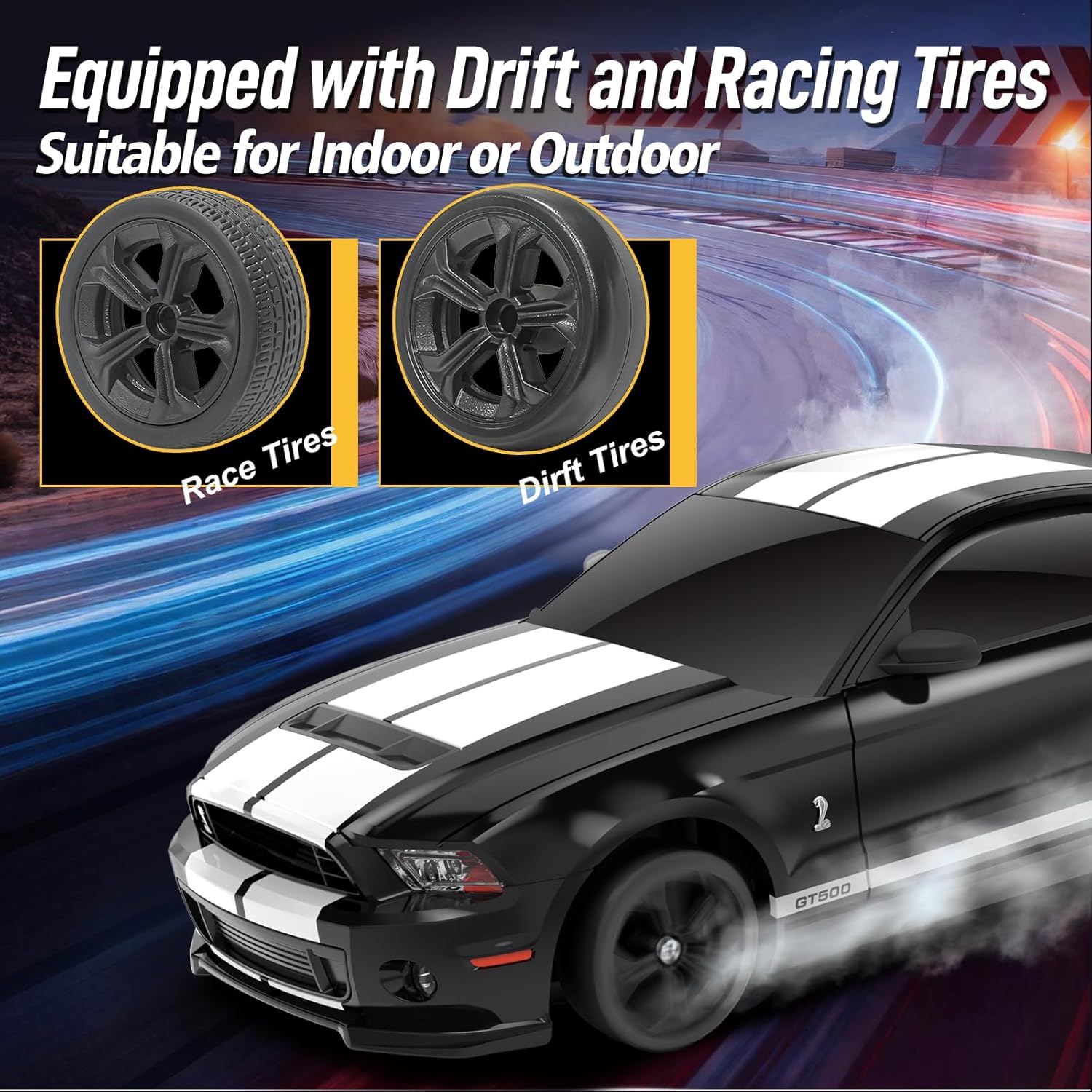 YONCHER RC Drift Car, Remote Control Car for Kids Ford Mustang Shelby GT500 Officially Licensed, 1:24 20KM/H 4WD with Lights, Fast Racing Toy Car for Boys Girls, Black