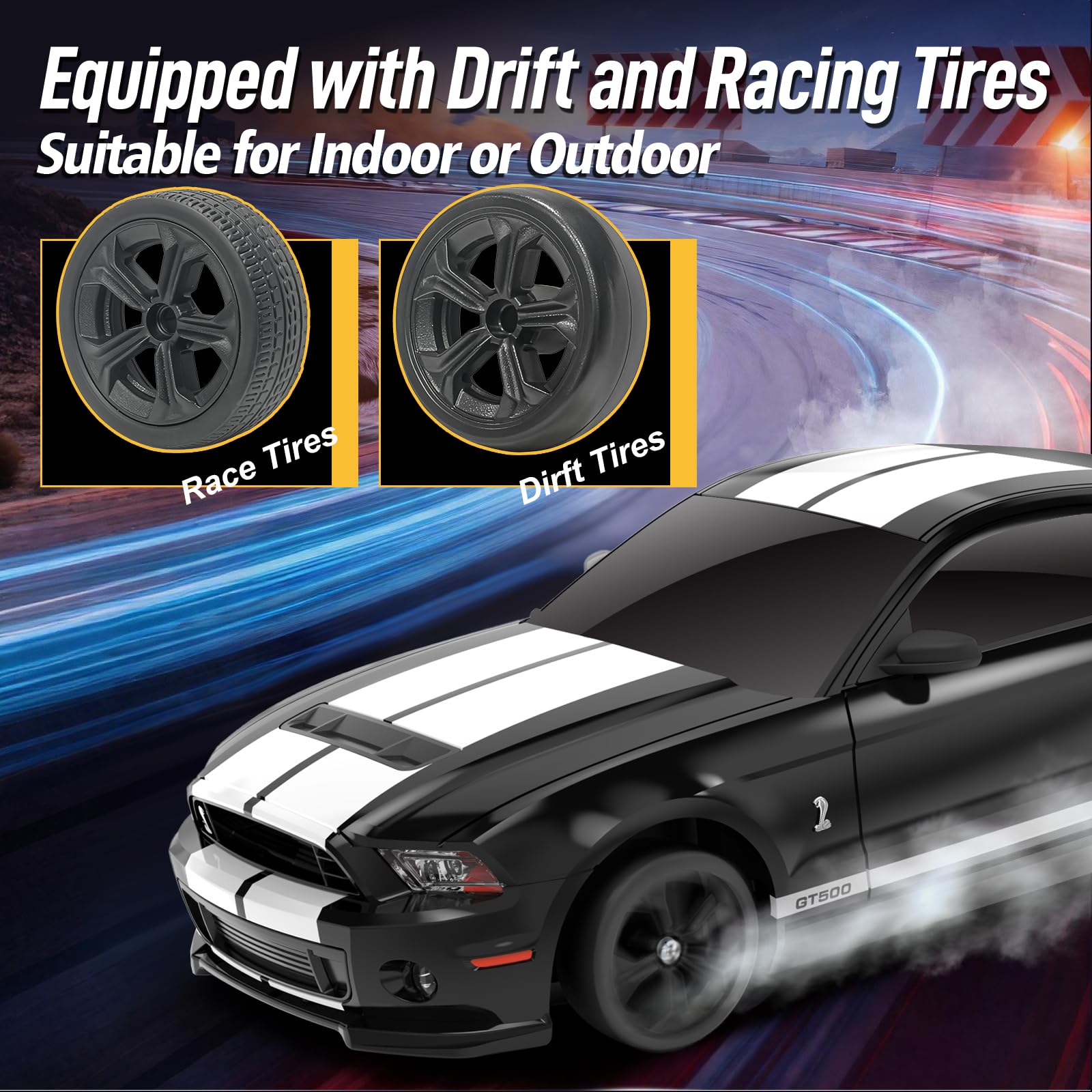 YONCHER Macchina Telecomandata, RC Drift Car per Bambini, Ford Mustang Shelby GT500 con licenza ufficiale, 1:24 20KM/H 4WD Macchine Telecomandate, Radiocomandata Auto per Adulta