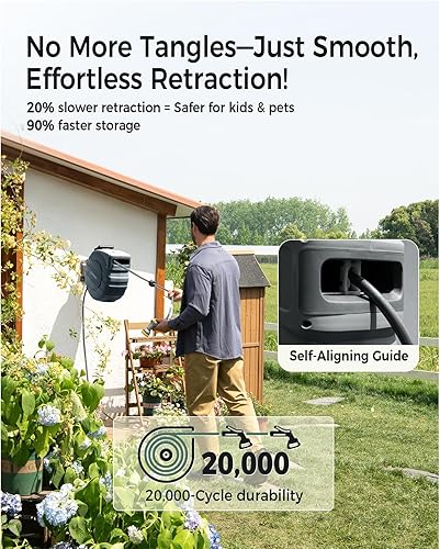 Miniatura 5 de GLAHODEN Carrete de manguera de jardín retráctil de 1/2 pulgadas x 65 pies, 2025 Actualizado con doble bloqueo de trinquete, protección UV y contra
