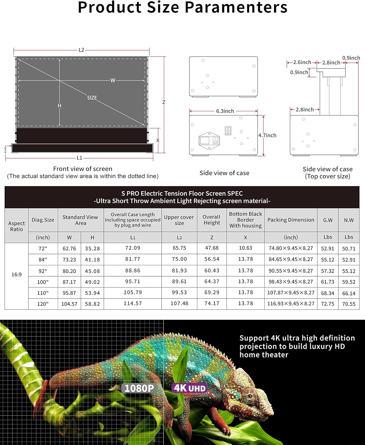 VIVIDSTORM-Rollable Projector Screen,S PRO 92 inch Compatible with ALR UST Motor Tension pop-up Projector Screen 16: 9 Home Theatre System Compatible with UST Laser TV Projector,VWSDSTUST92H-WB