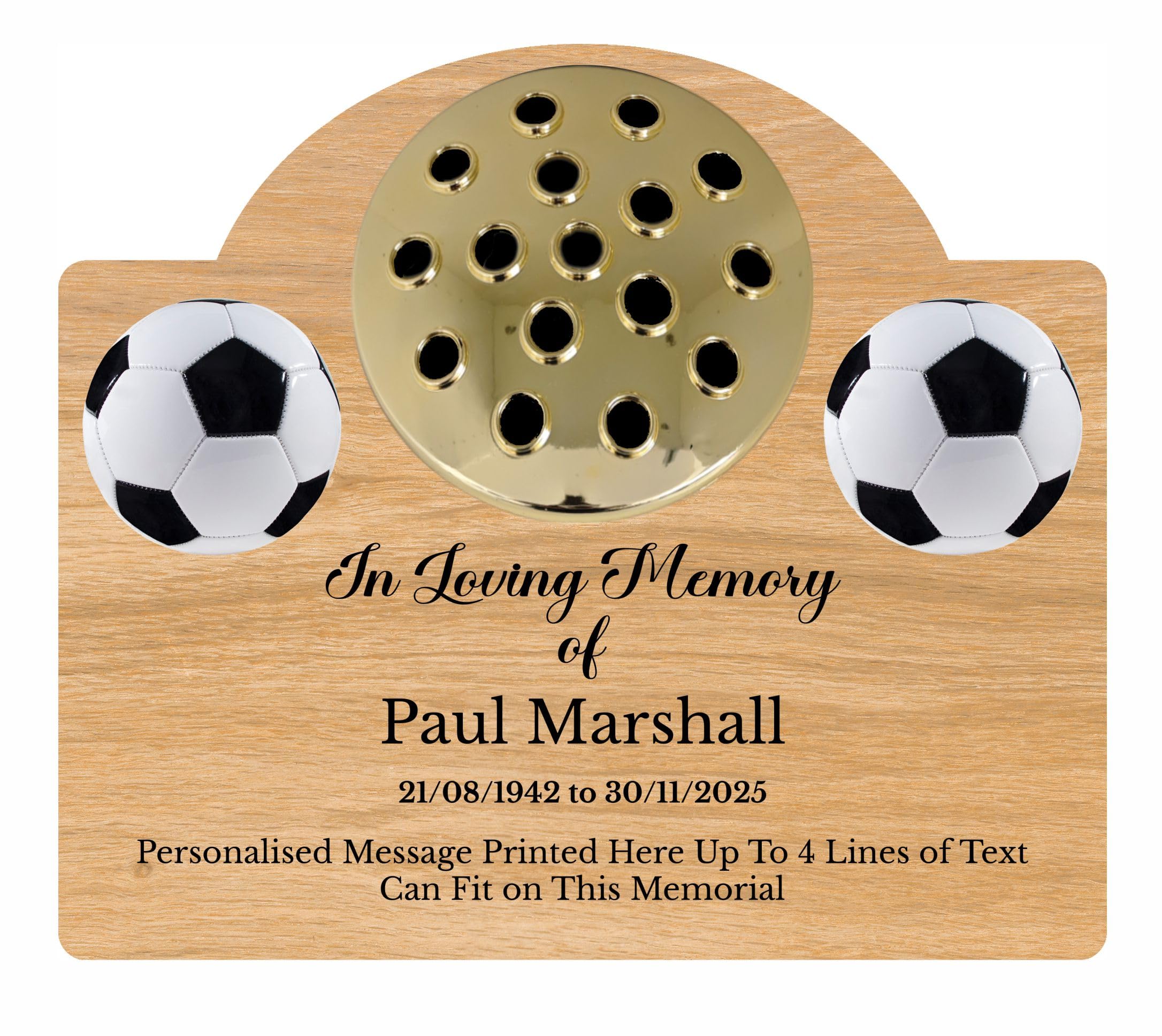 1stclassgifts Personalised Football Design Metal Grave Stone Marker Headstone Memorial Plaque In Memory Sign Remembrance Flower Pot Vase (UV PRINTED) (Light Wood, Gold Lid)