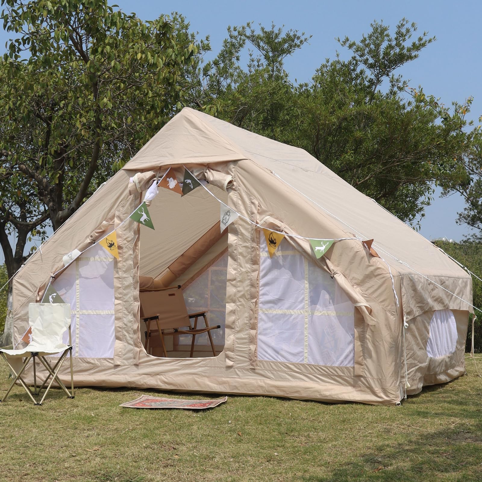 Tente Gonflable Pour 4-6 Personnes - Imperméable, Avec Pompe, Lucarne, Fenêtres Moustiquaires - 300x210x197 Cm - 10