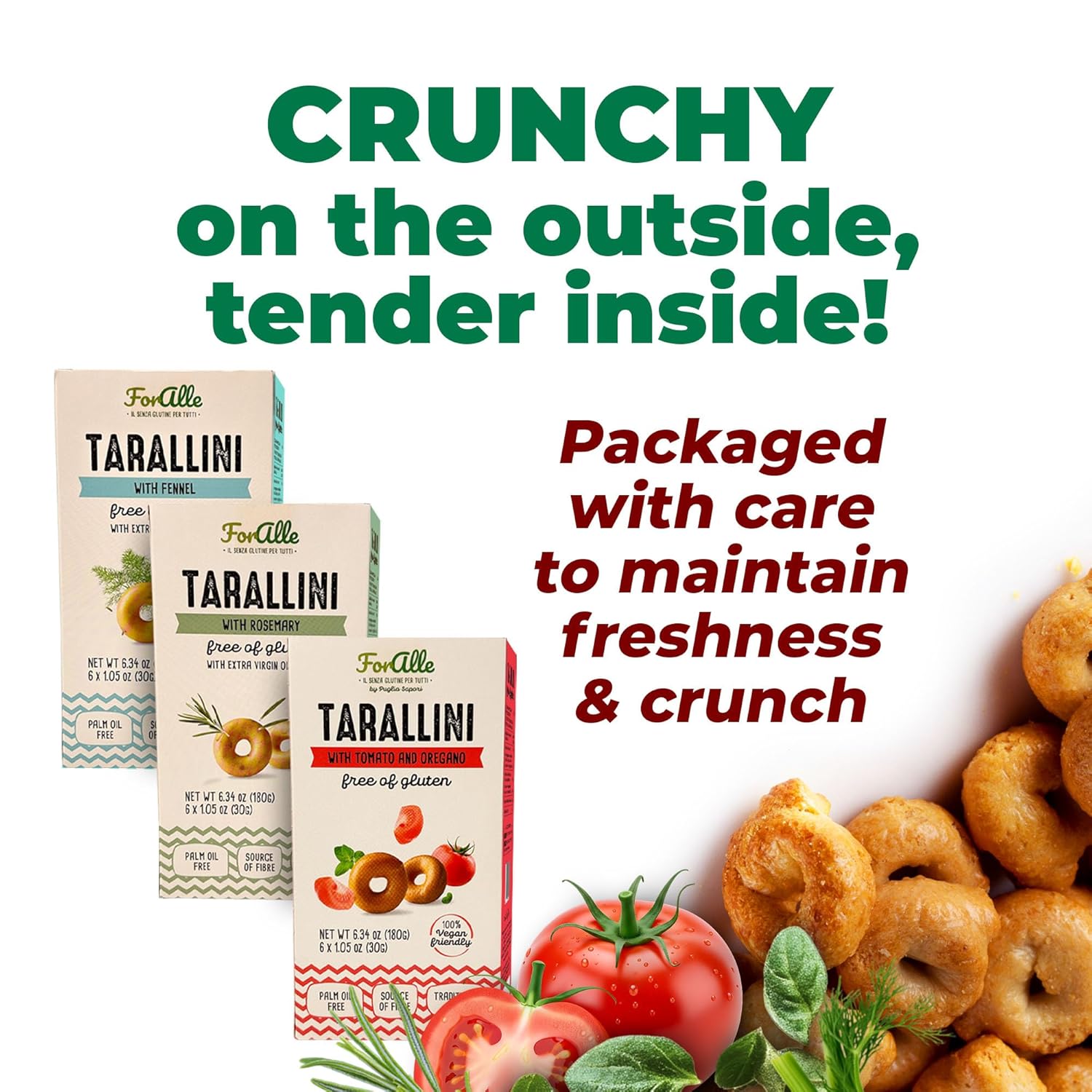 For Alle Gluten-Free Tarallini Bundle, Set of 3 – Traditional Italian Pugliese Snack with Fennel, Rosemary, Tomato and Oregano. Oven-Baked. Vegan. Cholesterol-Free.