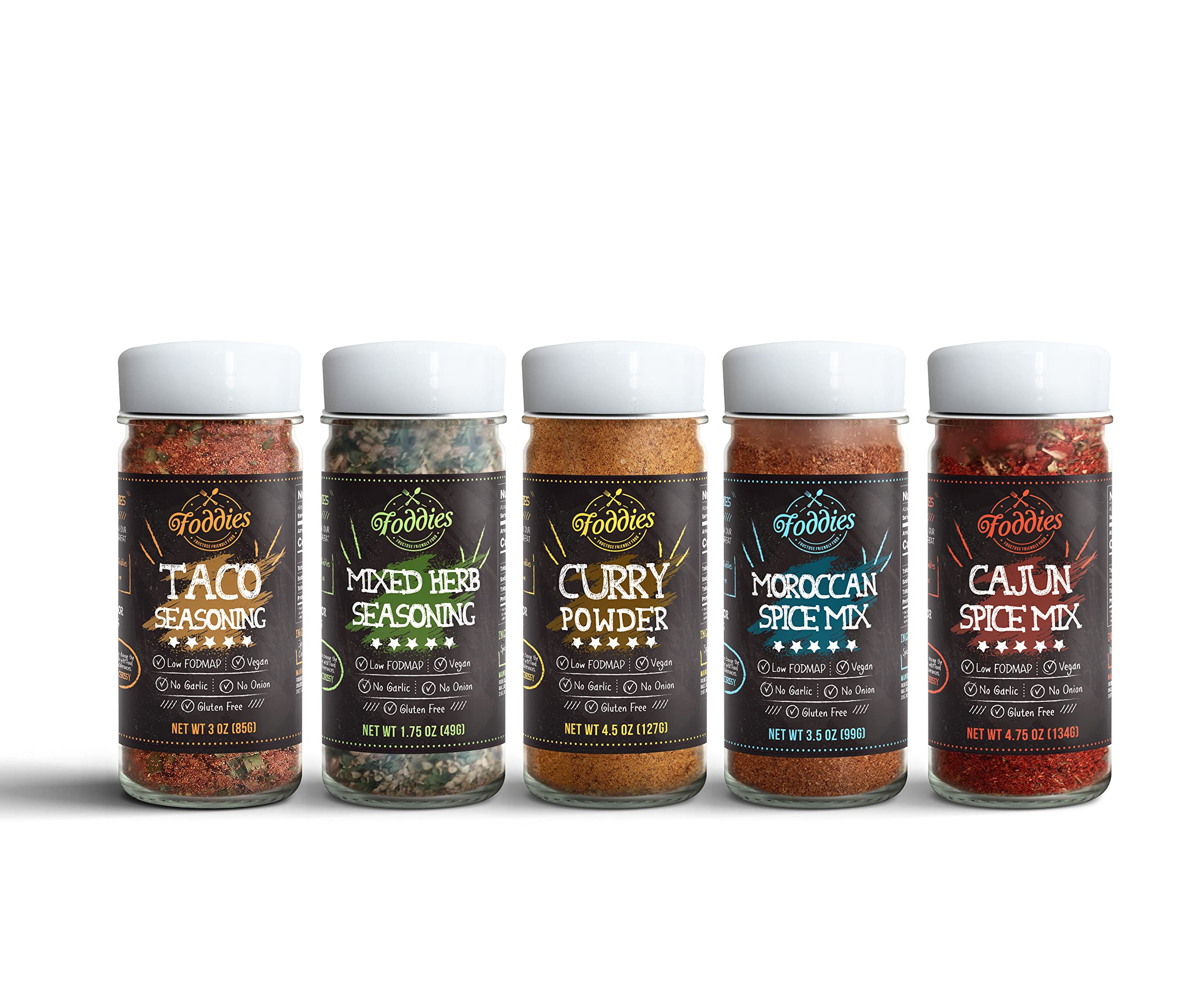 Foddies Spice Pack - Buy 4 get 1 FREE, Low FODMAP, Gluten Free, No Onion No Garlic, Vegan, Plant Bas