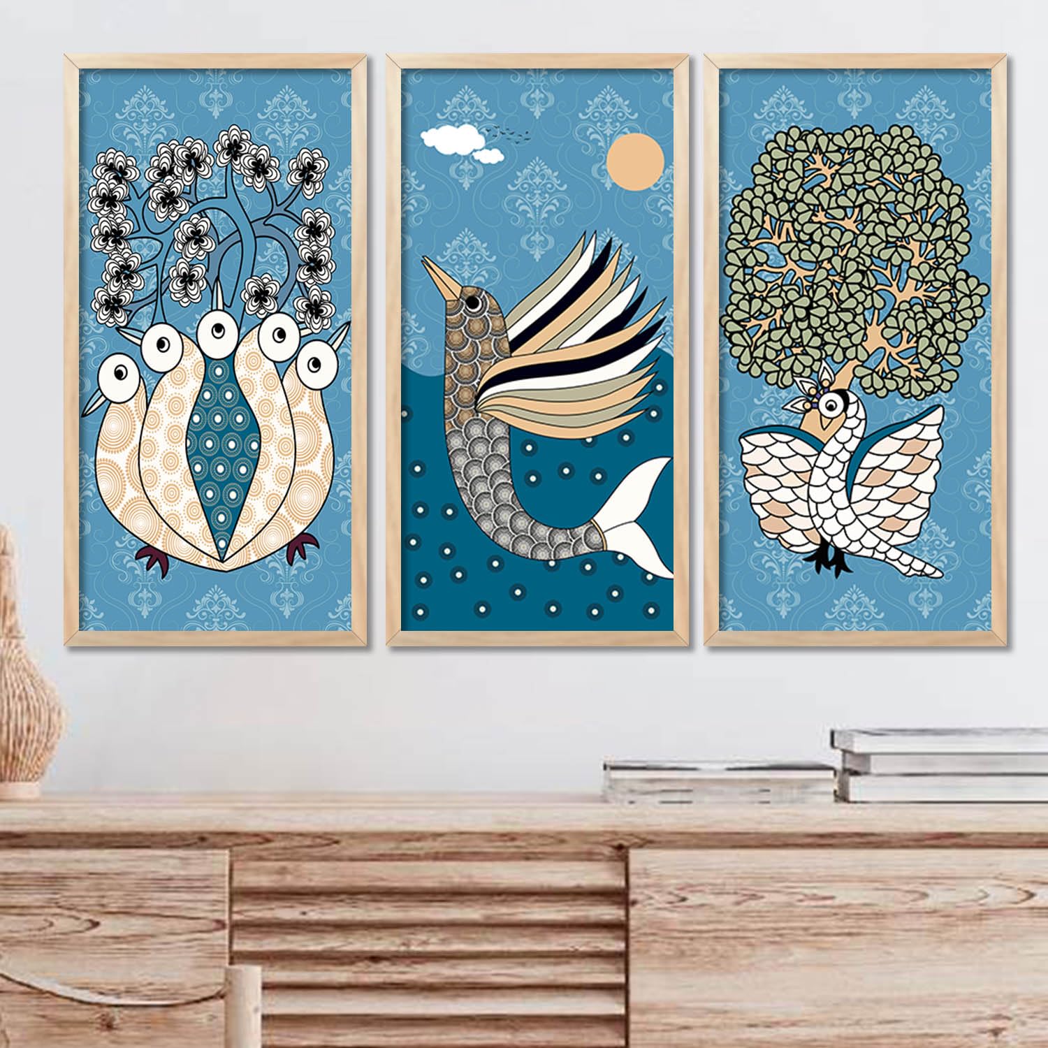 kotart - Madhubani Art Painting with Frame for Living Room | Painting for wall Decoration Hanging Frames |Traditional Indian Art Pichwai Wall Décor Paintings SET OF 3 (10X19 INCH, D)