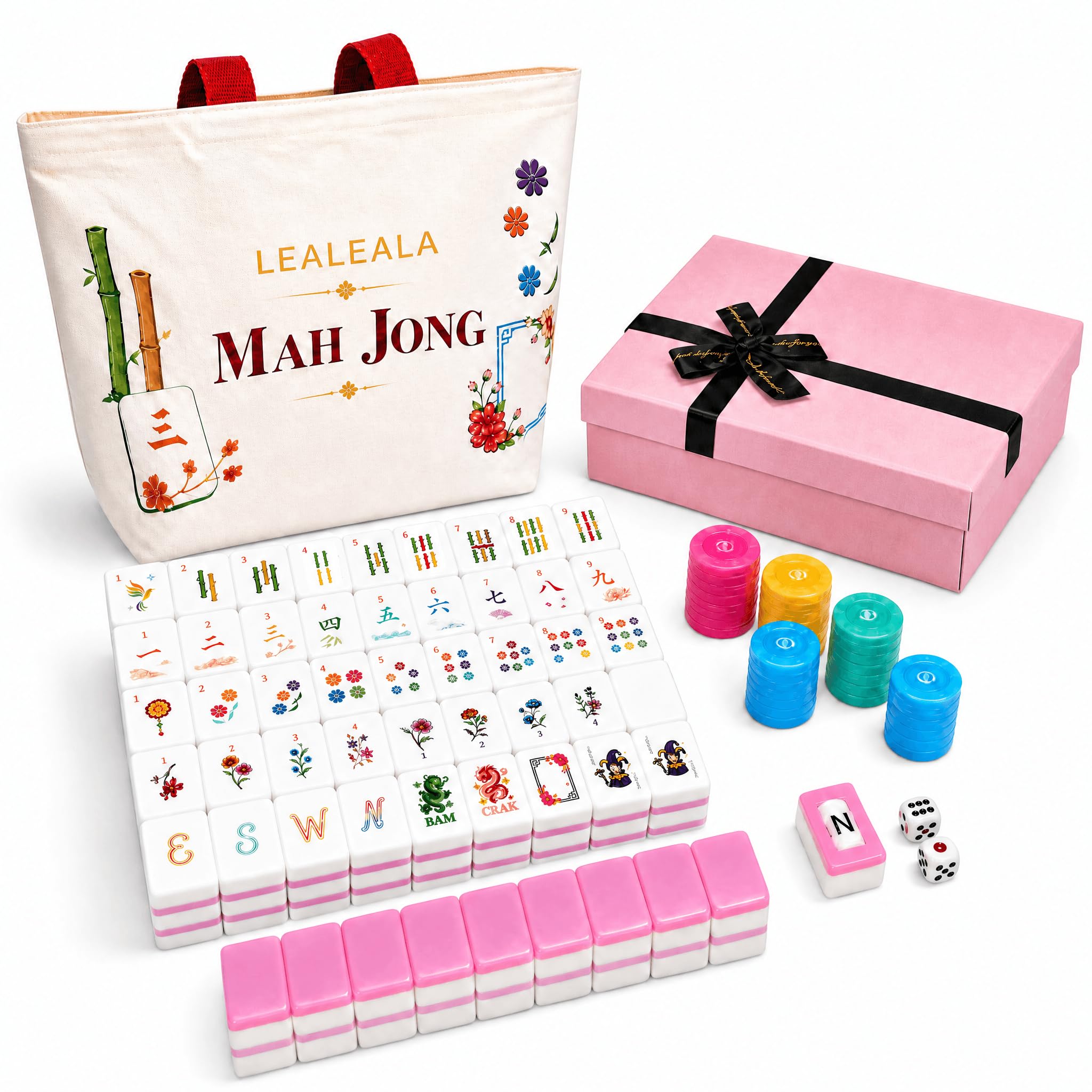 Pink American Mahjong Tile Set, Mahjong Set Complete with 160 Engraved Mahjong Tiles, Mahjong Game Set for Adults, American Mahjong Set with Bag &amp; Accessories