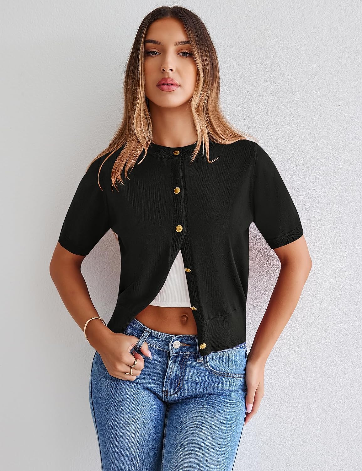 Kistore Womens Summer Casual Short Sleeve Sweater Cardigan Button Down Crew Neck Knitted Crop Cardigan Tops