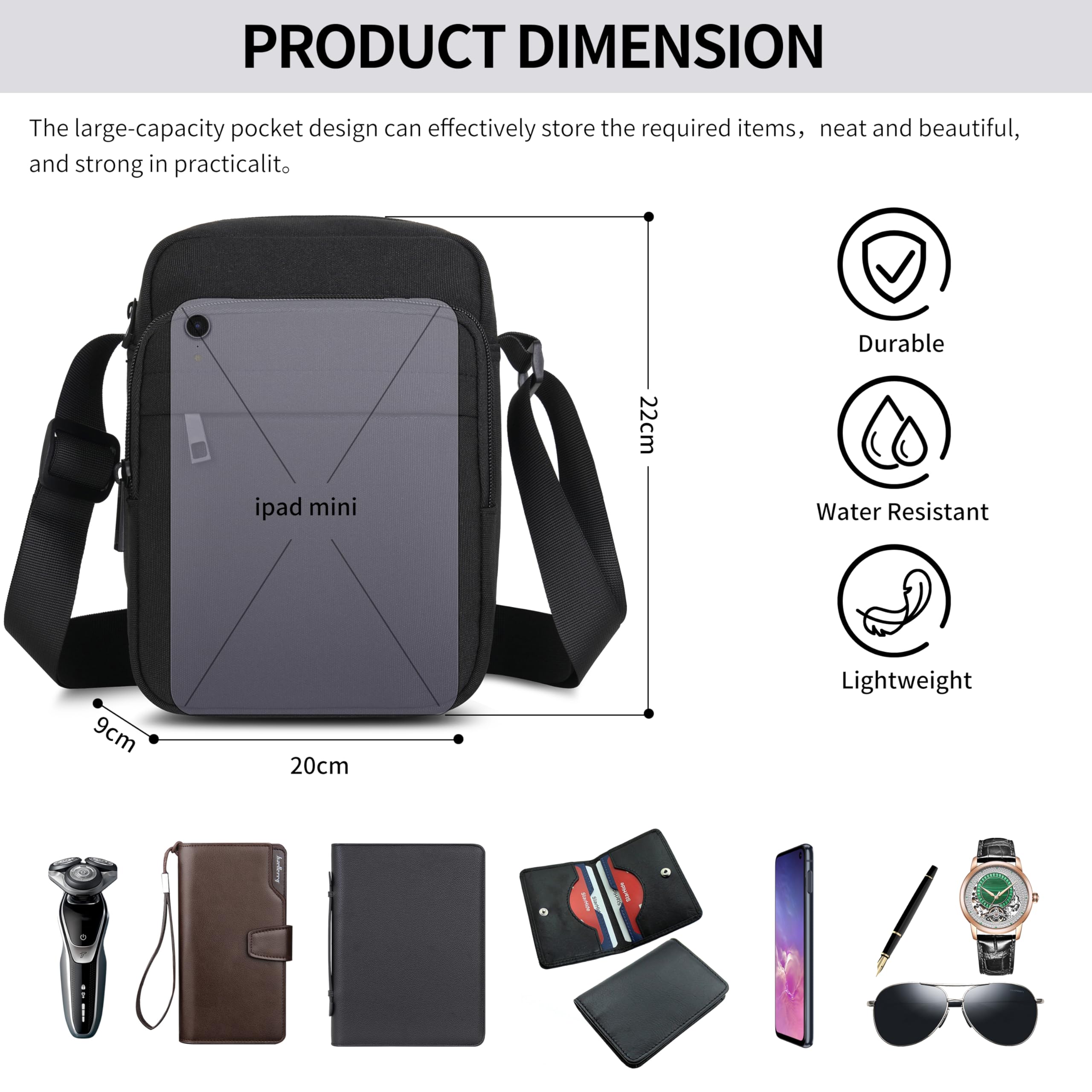 Męska torba na ramię, wodoodporna torba crossbody z zamkiem błyskawicznym i regulowanym paskiem, lekka podróżna torba boczna dla mężczyzn i kobiet, do pracy na świeżym powietrzu, na zakupy, do