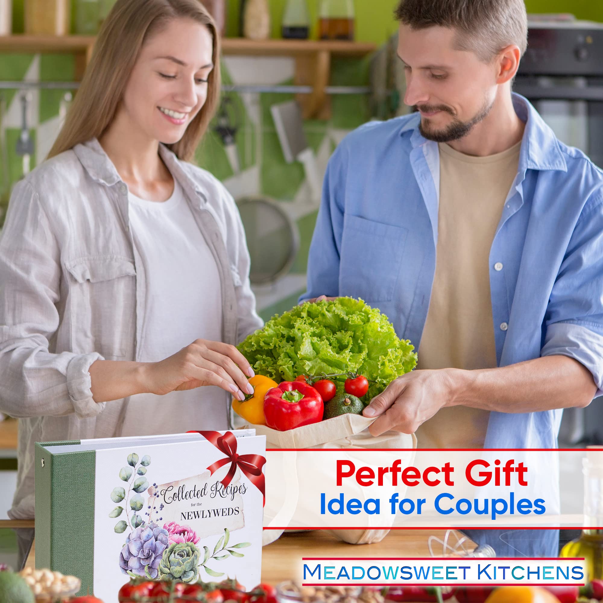 Meadowsweet Kitchens Newlyweds - Raccoglitore a 2 anelli per ricettario, con 50 buste trasparenti e 12 divisori per carte di auguri, per sposi novelli, 50 buste trasparenti per carte e 12 divisori per