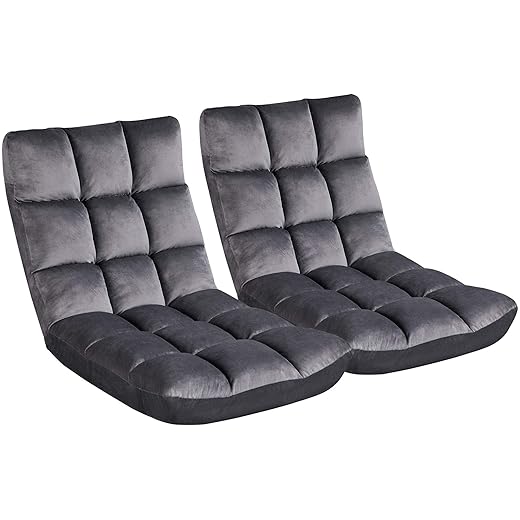 Yaheetech Padded Floor Chair with Back Support, Lounge Chairs Armless Meditation Cushion with Memory Foam, Adults Video Gaming Sofa Chair with Adjustable Backrest Floor Seating, Gray, 2pcs