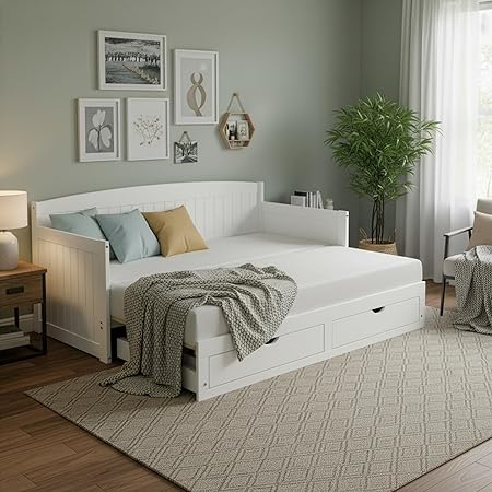 Alaterre Furniture Harmony Twin to King Daybed with Pop Up Trundle Bed - Solid Wood Twin Day Bed with 2 Pull-Out Storage Drawers and 400lb Capacity - For Kids, Guest Room, Living Room (White) Alaterre Furniture Harmony Twin to King Daybed with Pop Up Trundle Bed - Solid Wood Twin Day Bed with 2 Pull-Out Storage Drawers and 400lb Capacity - For Kids, Guest Room, Living Room (White)