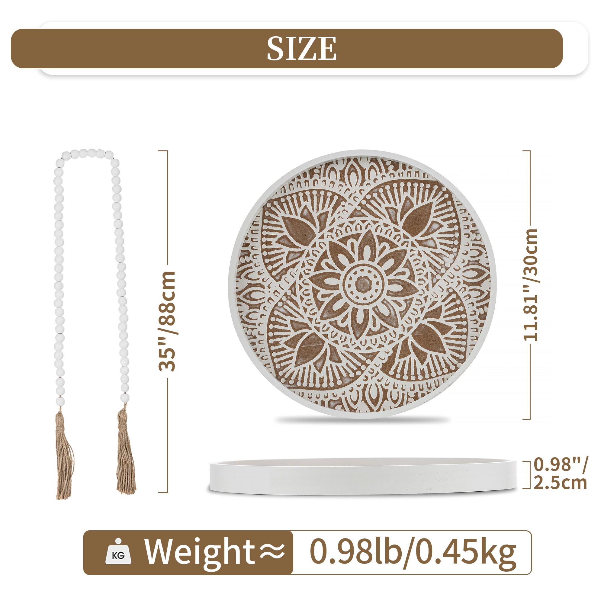 Hanobe Bandeja decorativa redonda de madera: bandeja de mesa de café rústica con guirnalda de cuentas de madera, bandeja de granja, decoración de centro de mesa de madera bohemia lavada blanca para