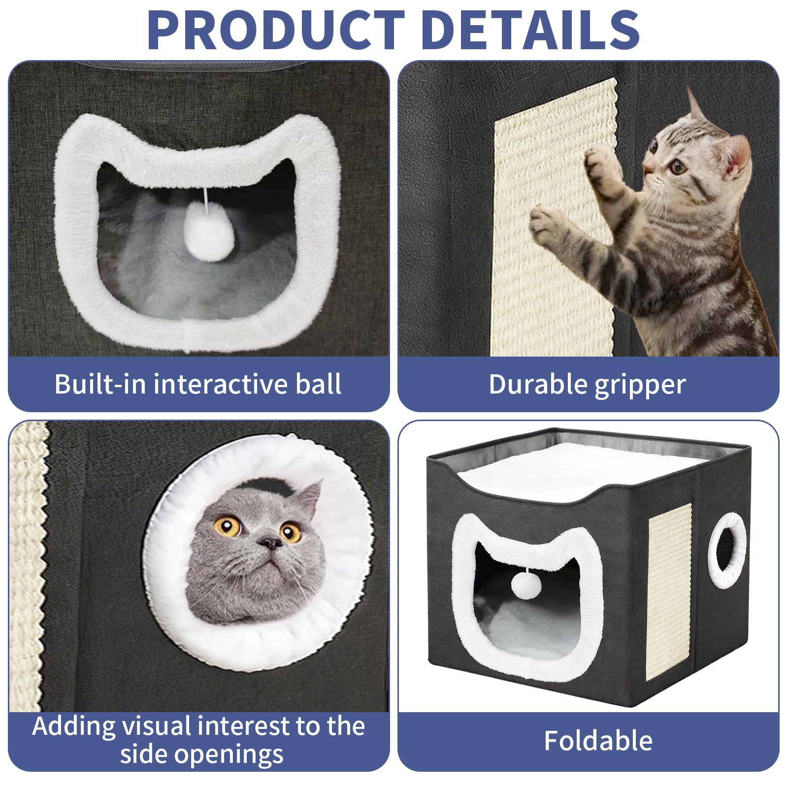 سرير للقطط في الاماكن المغلقة، كهف قطط كبير مع كرة منفوشة ووسادة خدش، منزل خدش للقطط قابل للطي مع مسكن مخبأ للقطط، 16 × 16 × 14 انش