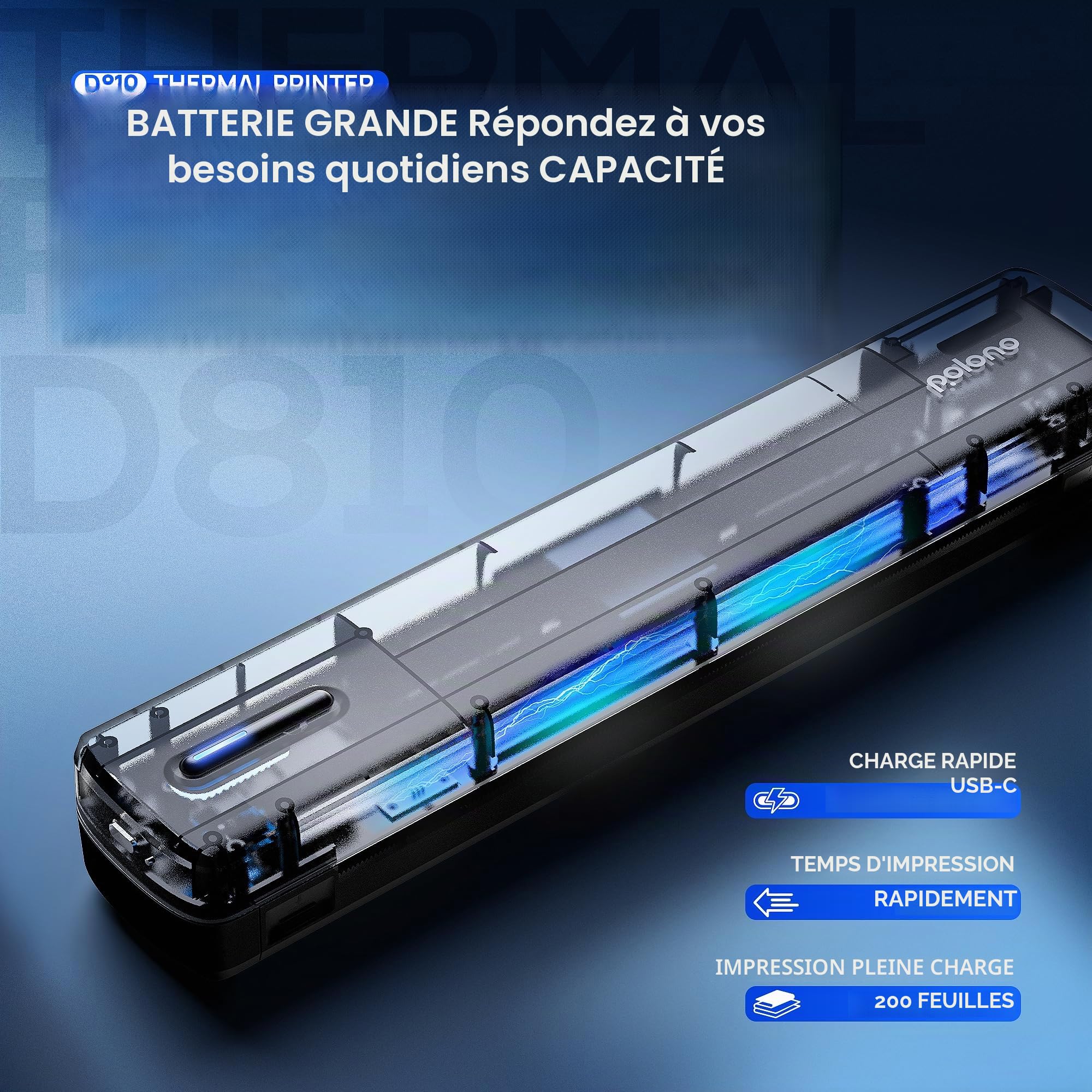 POLONO Imprimante thermique A4 sans fil portable pour voyage, compatible iOS Android ordinateur