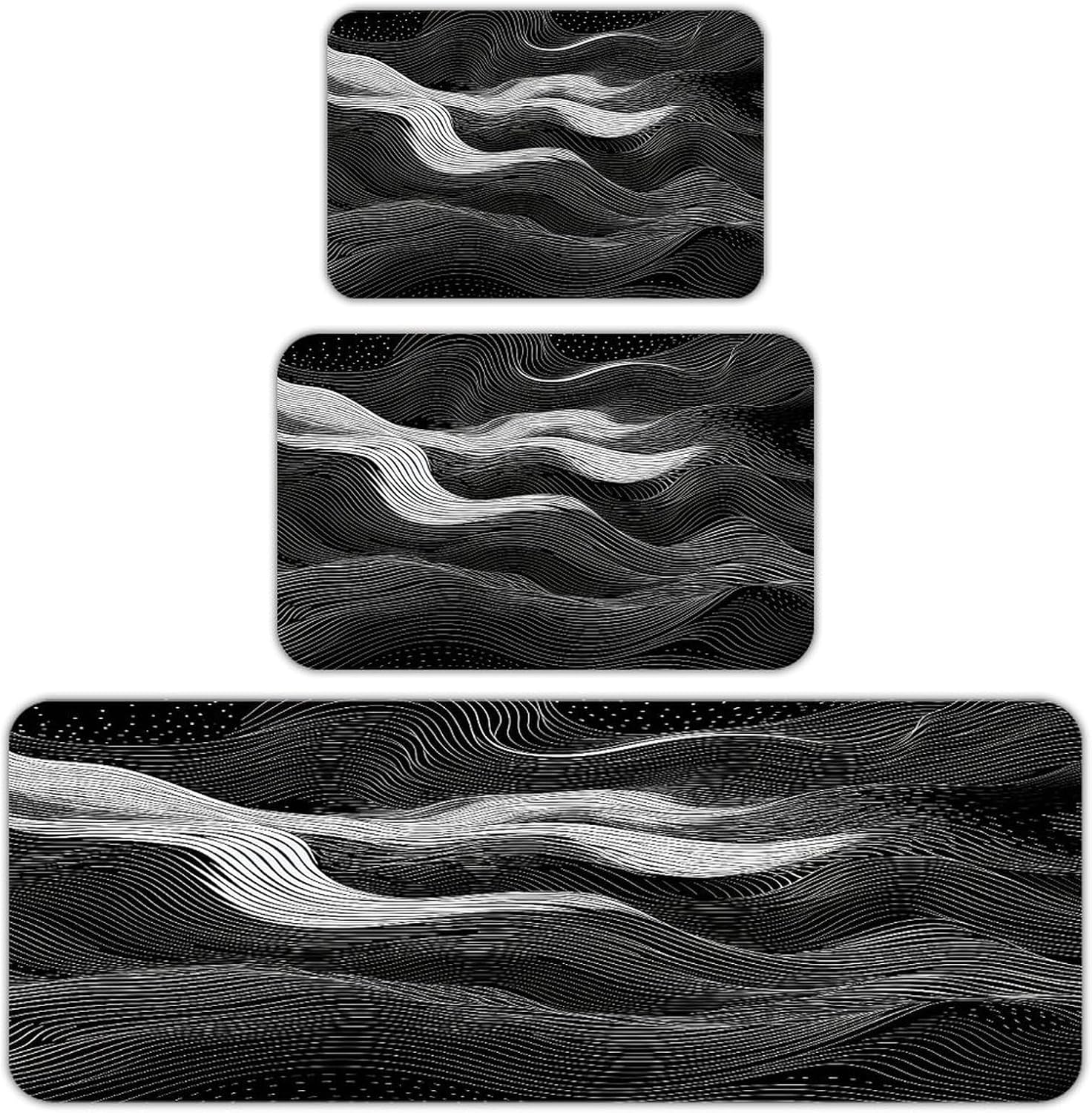 White Wave Pattern Kitchen Mats for Floor 3PCS Waterproof Low-Profile Kitchen Rugs Floor Mat Non Slip Anti Fatigue Mats Comfort Standing Mat Runner Rug Area Rug 6"x24"+20"x31"+17"x47"