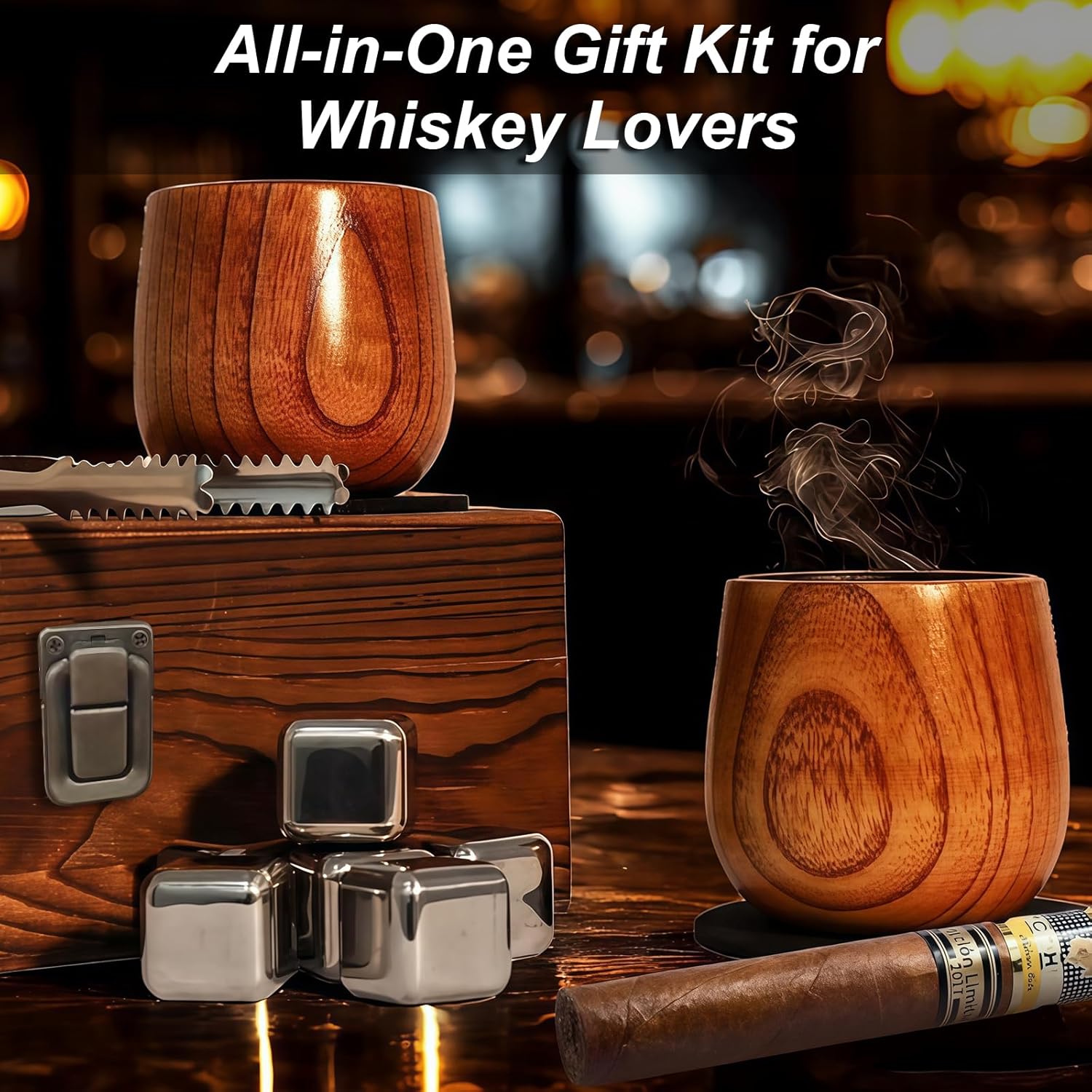 Charred Wooden Bourbon Glass Gift for Men, 5oz Whiskey Tumbler with 6 Stainless Steel Whiskey Stones, Tongs, Old Fashioned Glass Whiskey Gift for Dad Husband Boyfriend Valentine's Day Birthday Present - Image 4