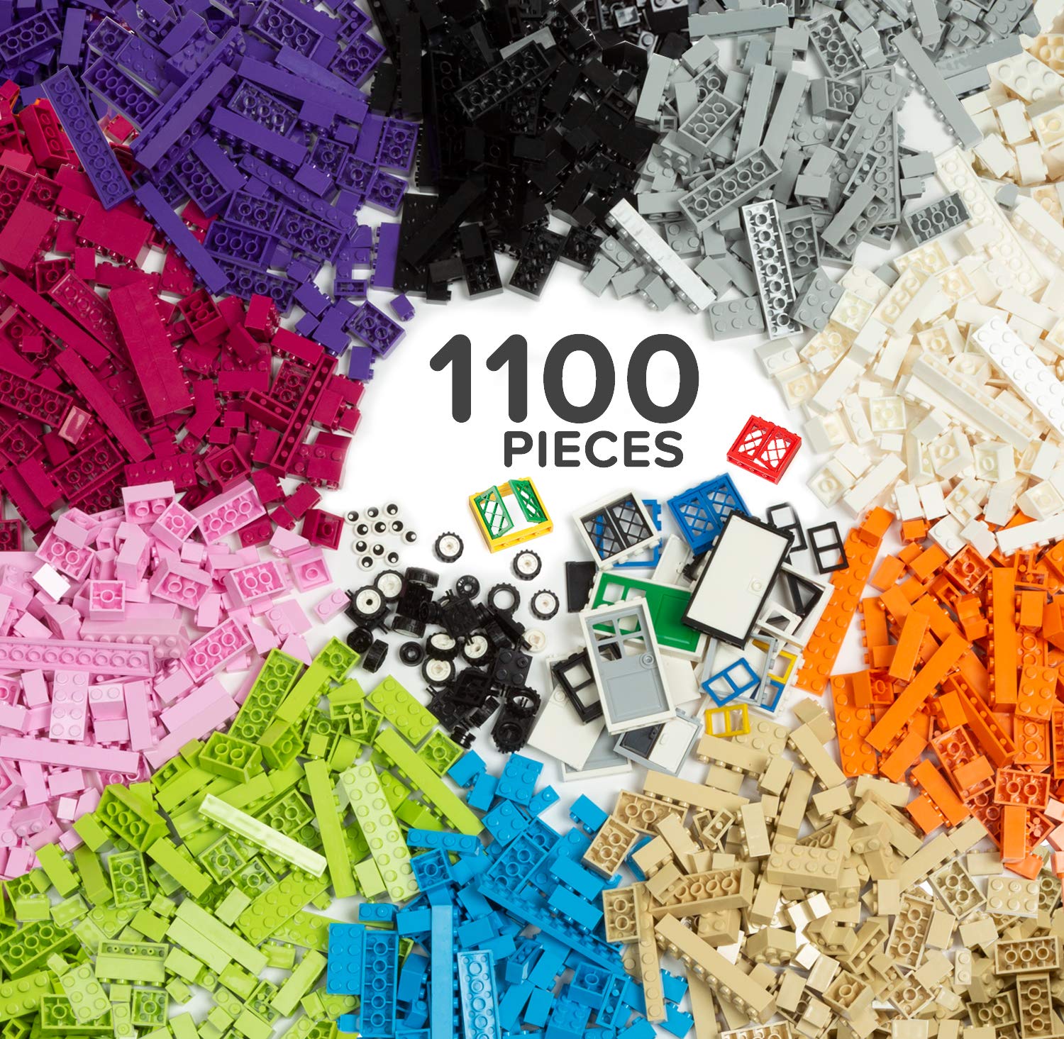 Play Platoon 1100 Piece Building Bricks Set, 10 Colors Bricks, Includes Wheels, Tires, Axles, Windows & Door Pieces