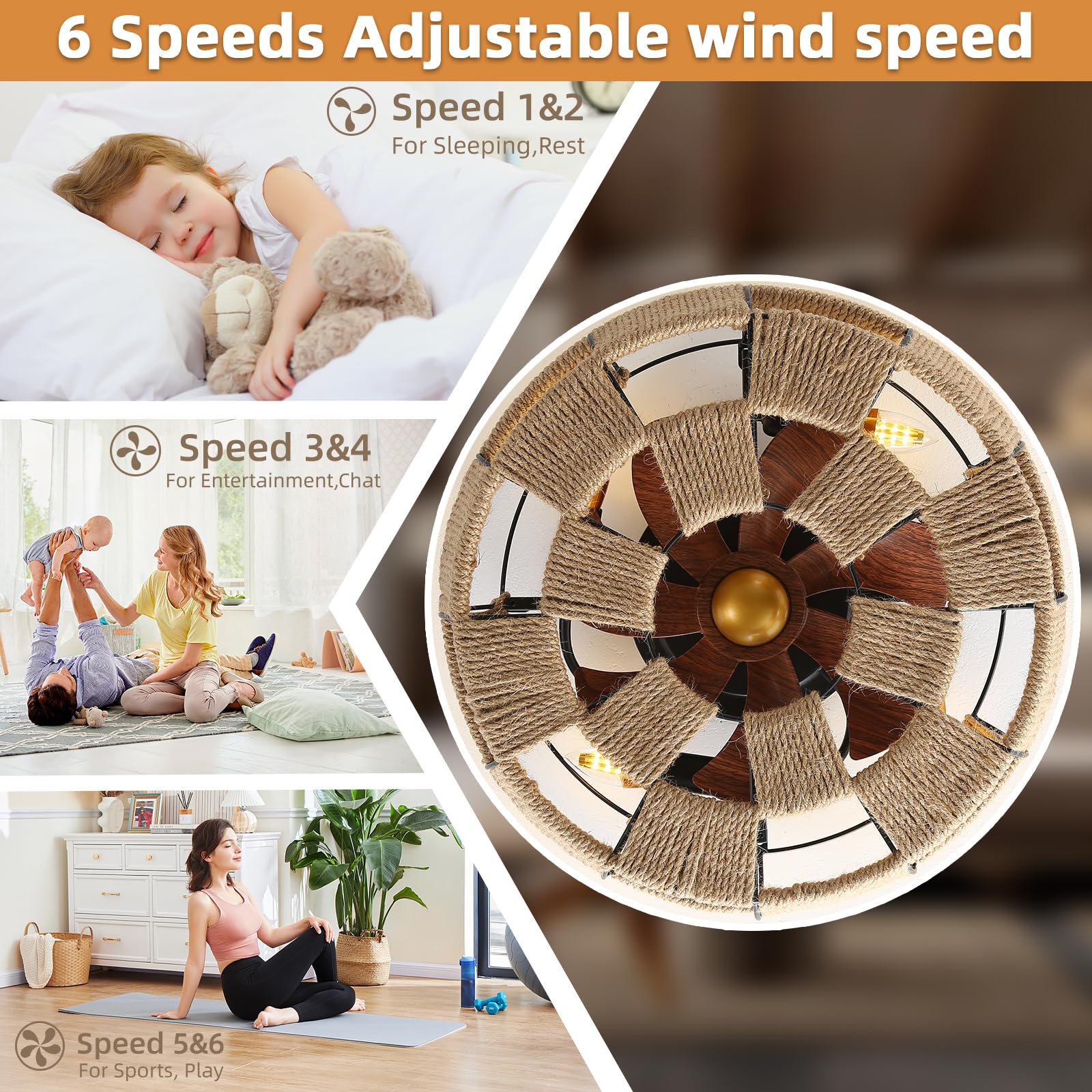 WDENI 20 Inch Boho Ceiling Fan With Lights - Remote Control, Bamboo Rattan Design, Flush Mount, 6 Speed Reversible - View #10