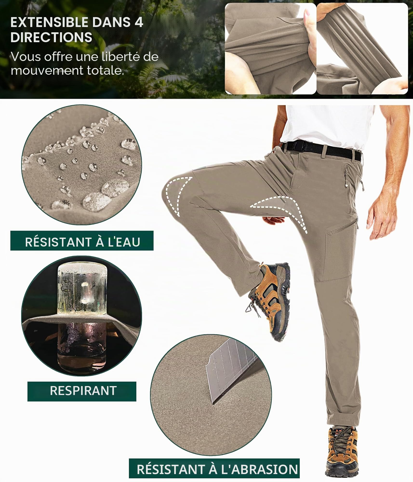 NATUVENIX Pantalon de randonnée pour homme - Imperméable - Séchage rapide - Pantalon de voyage extensible - Noir, Gris Foncé, Kaki, Vert Kaki - Taille 32 (EU 30)