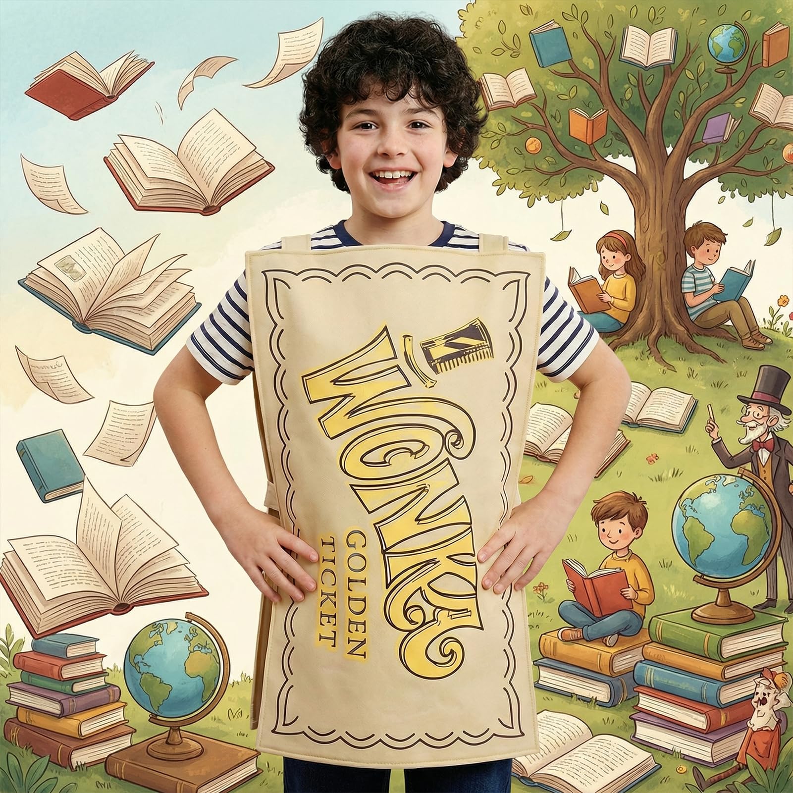 Aleshime Childs Chocolate Factory Golden Ticket Tabard Costume, Wonka Bar Tabard Fancy Dress Age 3-12 Years(Length-150cm) - Image 3