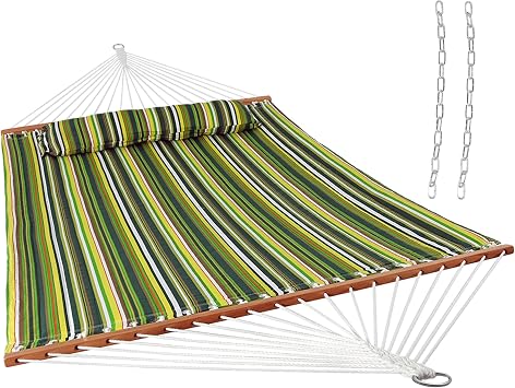Sunnydaze Quilted Double Hammock for Outside with Spreader Bars and Pillow - 450 lb Capacity, 74x55 Inch Bed, UV Resistant, Quick Dry - Chains Included, Stand Sold Separately - Melon Stripe