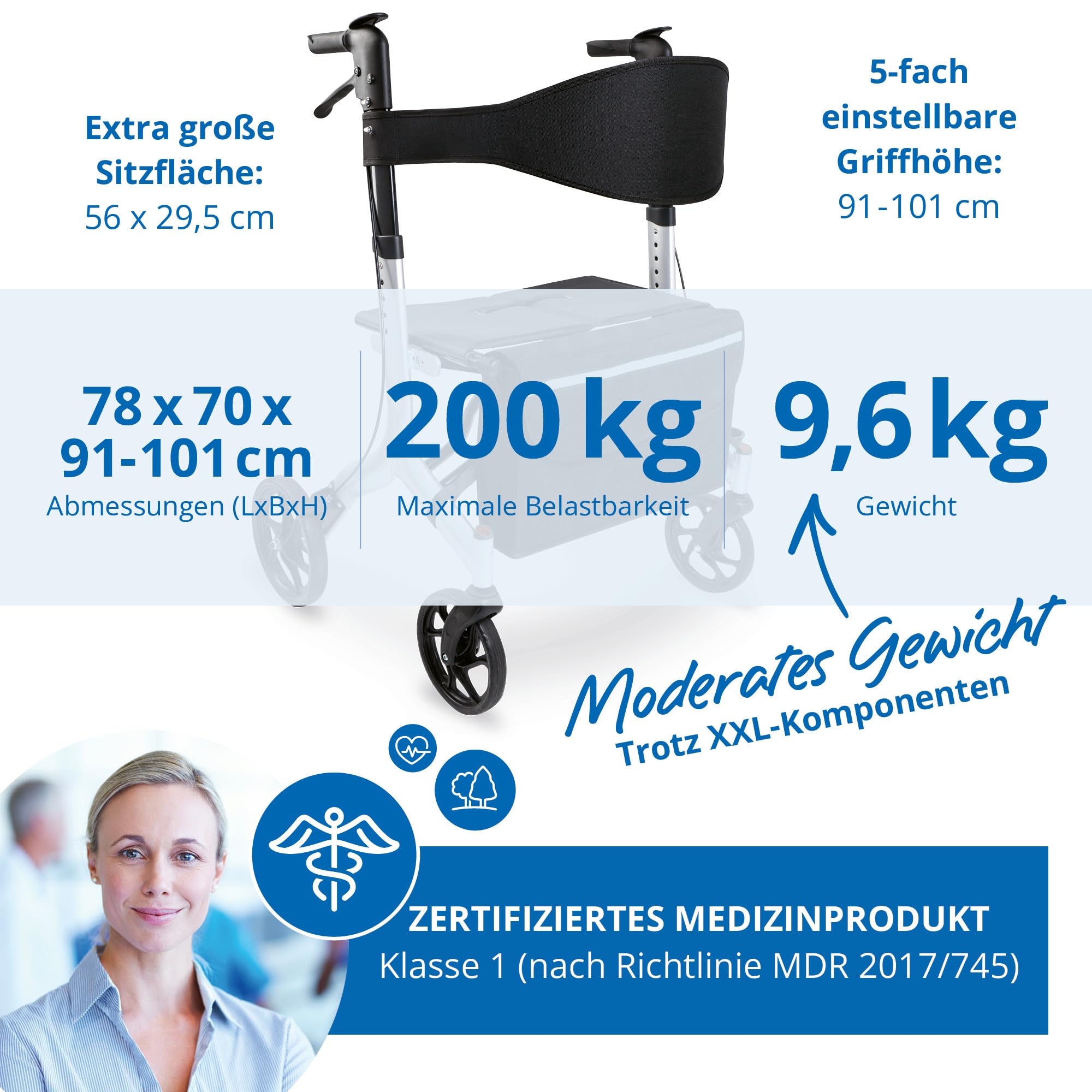 Weinberger 02262 Rollator XXL aus Aluminium, stabil, faltbar, Gehilfe XXL, mit Tasche, groß, schwarz, 10 kg