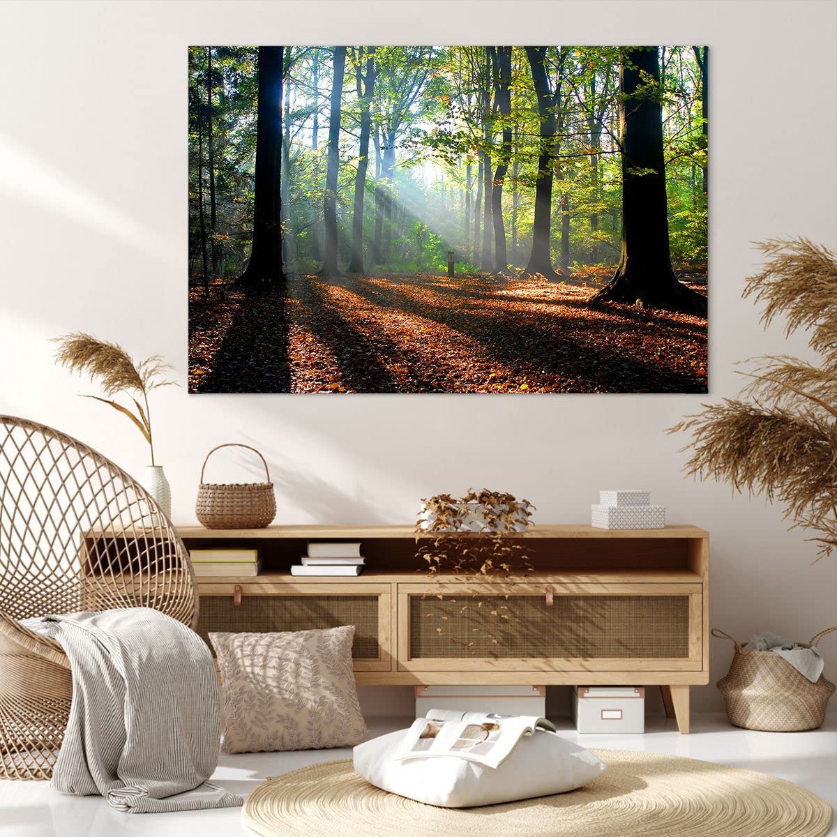 ARTTOR Dekoracja ścienna Salon Las Liście Słońce Obraz na płótnie w ramie 120x80cm Nowoczesny Sypialnia Kuchnia Deko Sztuka na ścianę Duży XXL Obrazy Art Foto Wall Decor Canvas AA120x80-0136