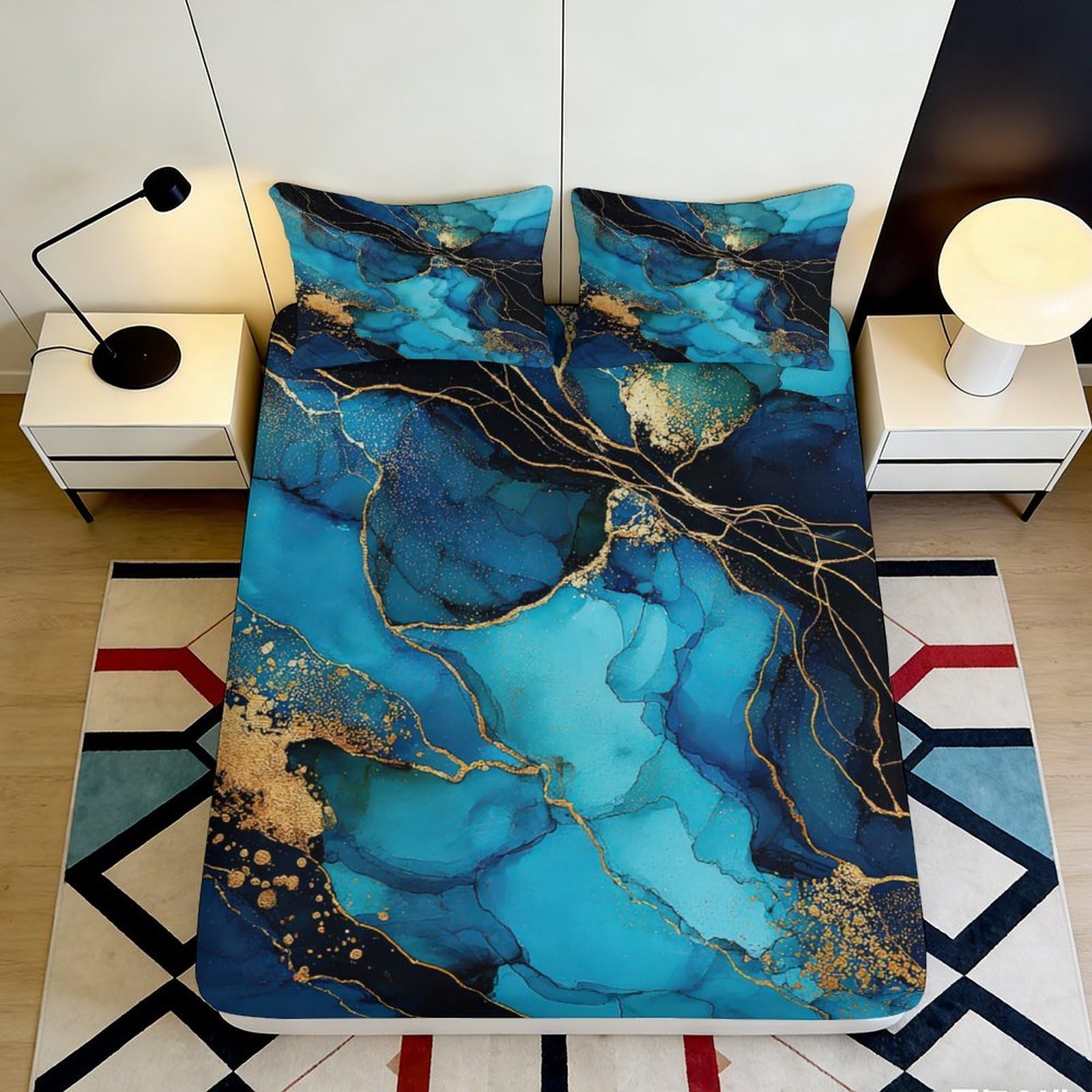 Uynsixtme Style-10 3D Printed Blue Marble Fitted Sheet Microfiber Deep Pocket Bedroom Bedding Set Artistic Blue Mattress Fitted Cover Non-Slip Full Wrap Washable 90X200x25cm