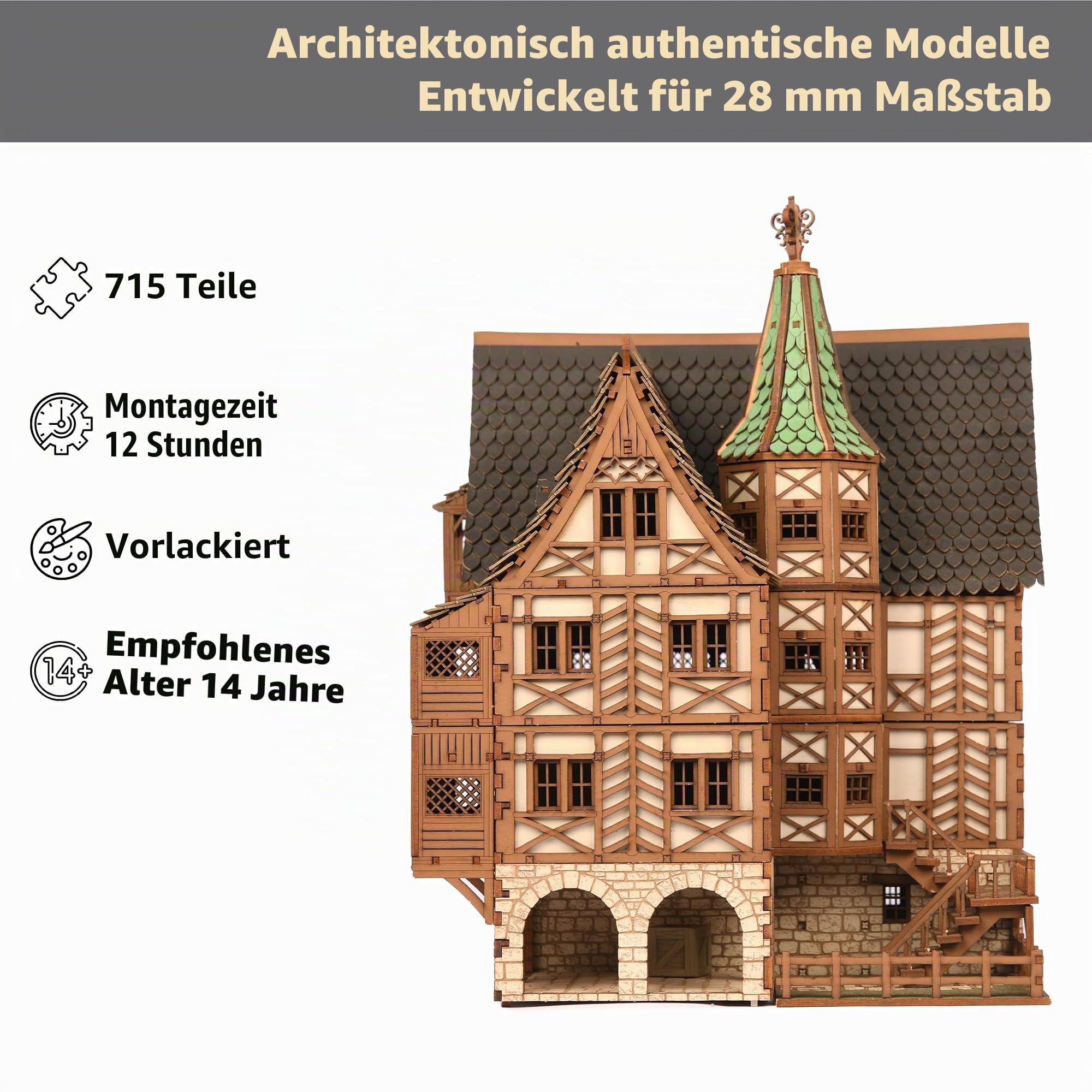 Die Taverne - Mittelalterliches Gasthaus - DIY Holzbaukasten - 715 Teile - Hebbare Böden, Funktionstüren - 12 Stunden Bauzeit, Ab 14 Jahren, Perfekt für Tabletop-Spiele