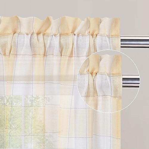 Miniatura 4 de GlowSol Cortinas de cocina de 24 pulgadas de largo, cortinas de lino con textura de cuadros para cafetería, paneles de ventana de cocina a cuadros,
