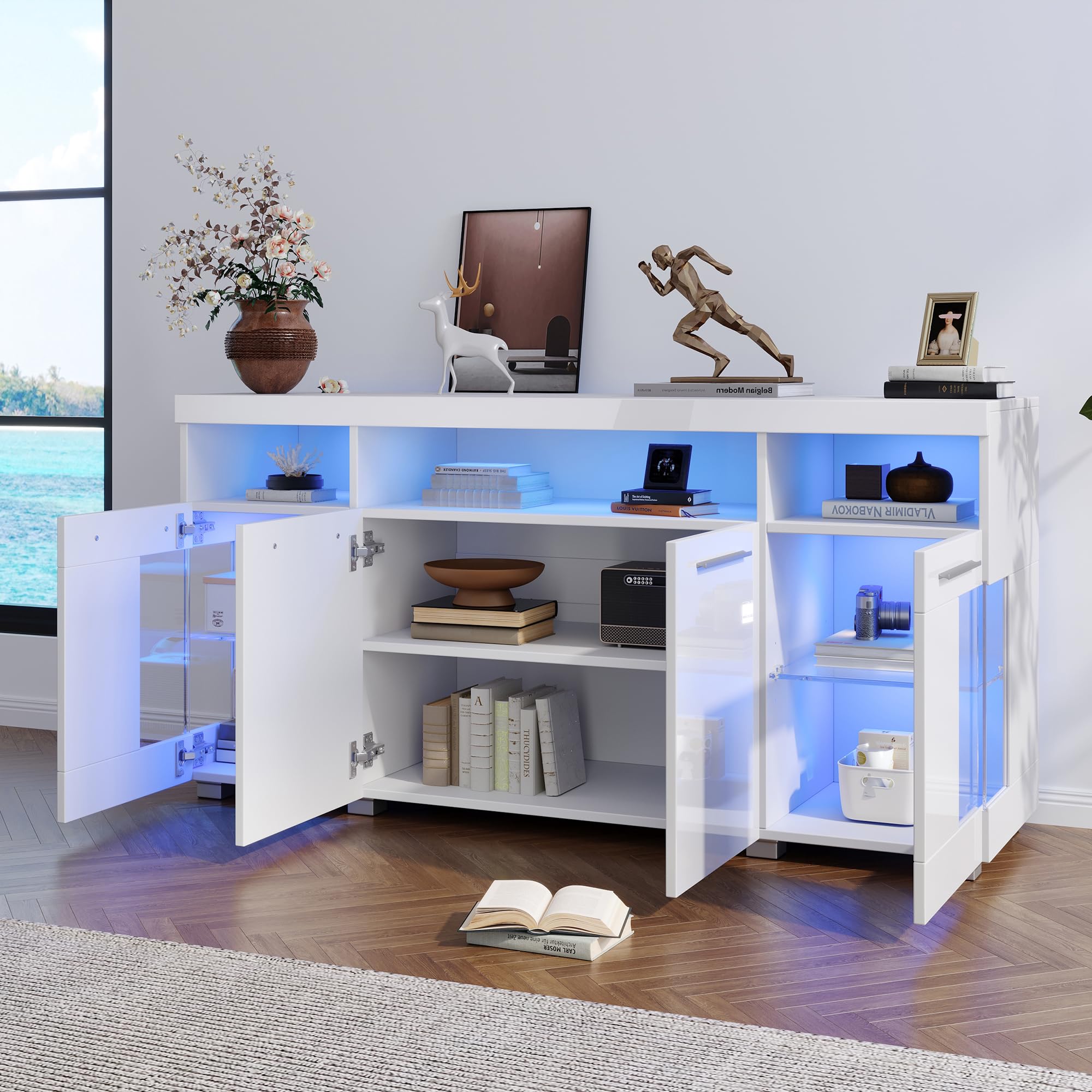 Hochglanz Sideboard Wohnzimmer Beistellschrank mit LED Licht und Offener Fach, Wohnzimmerschrank Buffetschrank mit Glastür, Highboard Vitrine mit Silberner Griff, Schrank Weiß, 140x40x70 cm