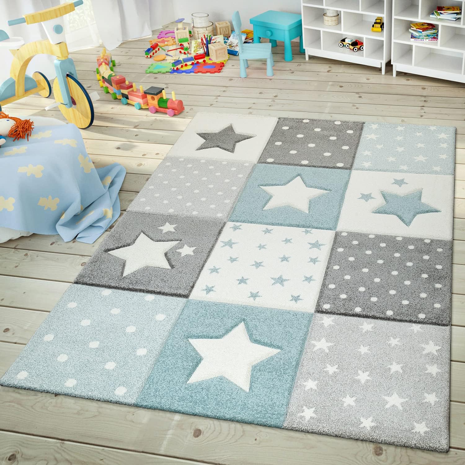 Paco Home Kids Rug for Nursery Checkered with Dots & Stars in Blue White Grey, Size: 5'3" Round