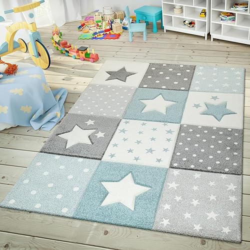 Paco Home Alfombra infantil para guardería a cuadros con puntos y estrellas en azul, blanco, gris, tamaño 4'7" x 6'7"
