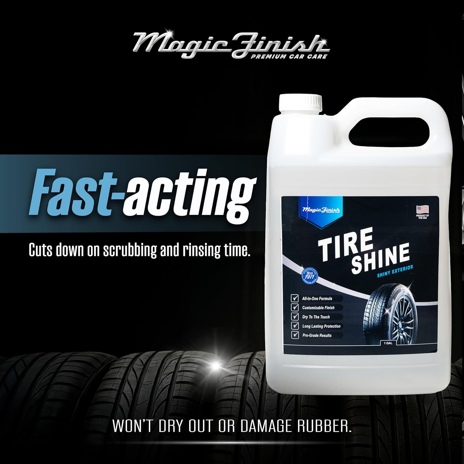 Magic Finish Tire Shine (1 Gallon) – Silicone-Based Tire Dressing for Long-Lasting Wet Look – High-Gloss Car Cleaning Supplies for Pro Detailing Results